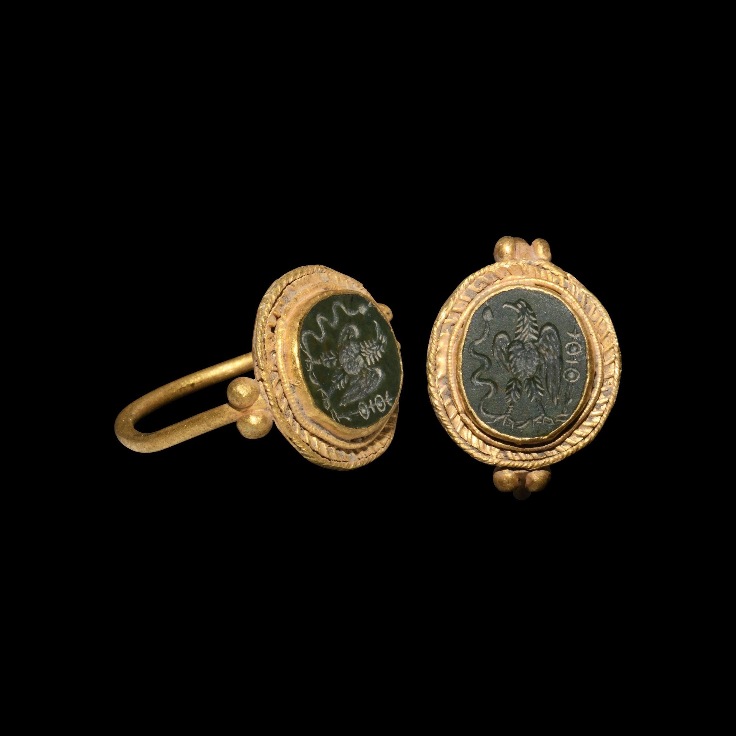 Hand-Crafted Roman Gold Ring with Eagle Gemstone, 4th Century AD