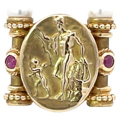 Roman Greek Cameo Ruby and Pearl Scroll Styled Ring in 14k Yellow Gold