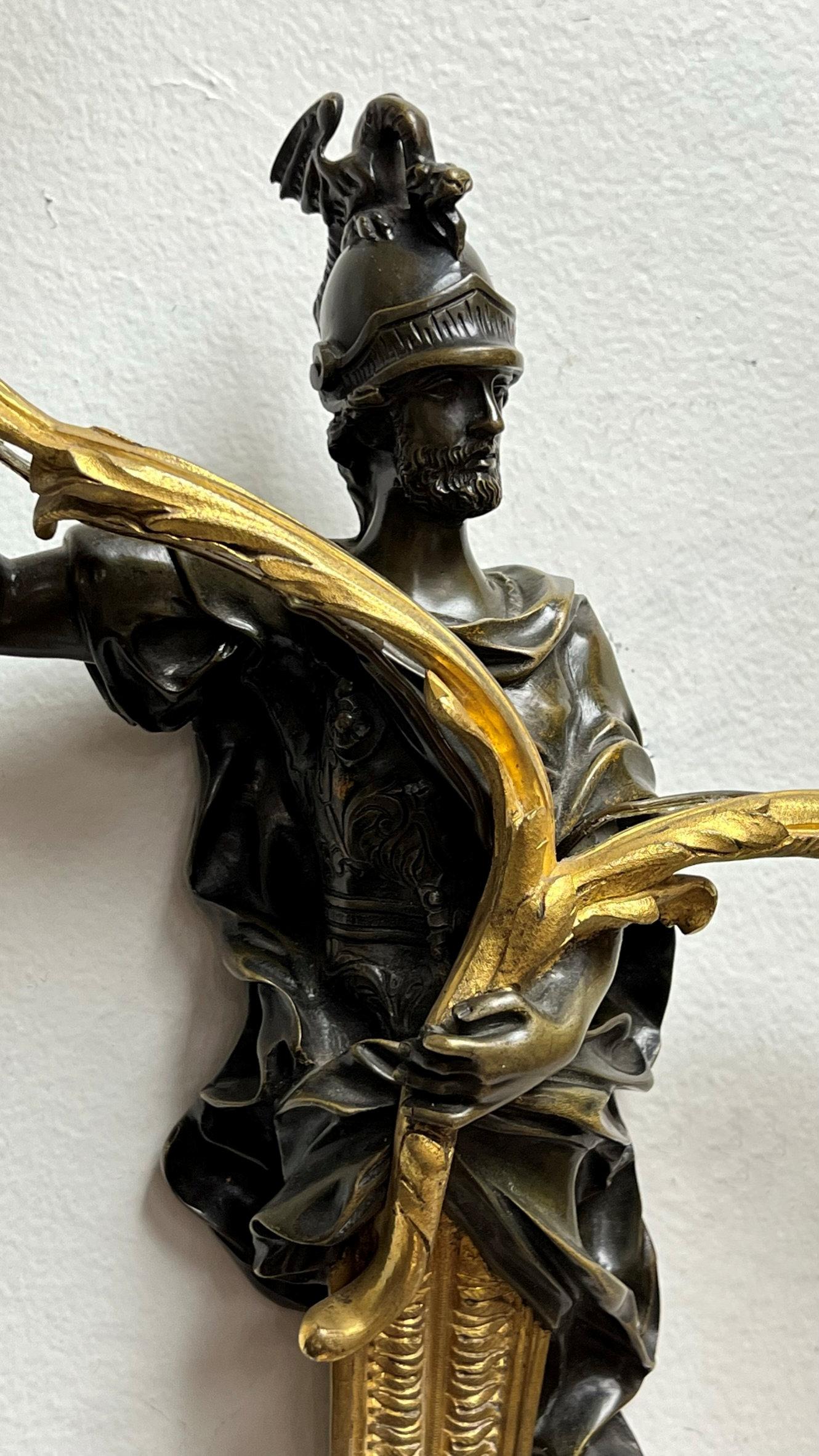 Patinated Roman / Greek Neoclassical Figural Bronze Two-Light Sconces
