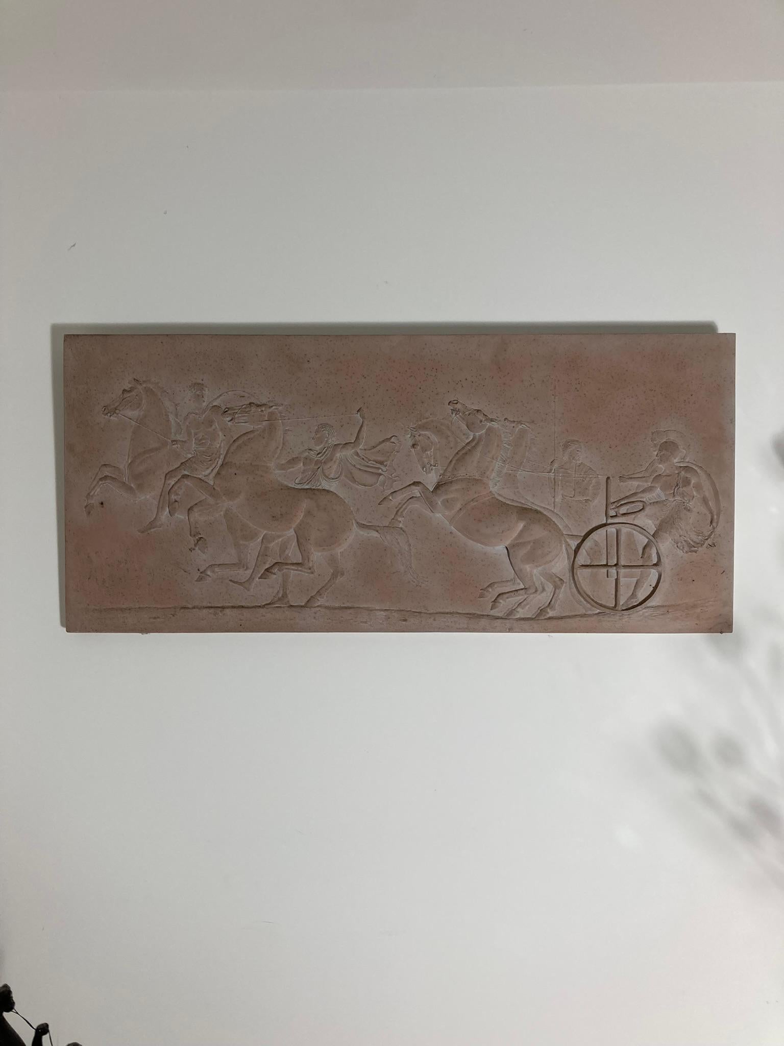 Late 20th Century Roman Greek Plaster Frieze chariot driver & Horses compete an Aphobates Contest For Sale