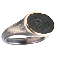 Blackened Silver & Gold ring with Roman Green Jasper Rooster Intaglio 2nd A.D.