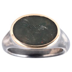 Roman Green Jasper Rooster Intaglio Set Silver & Gold Ring circa 2nd Century A.D