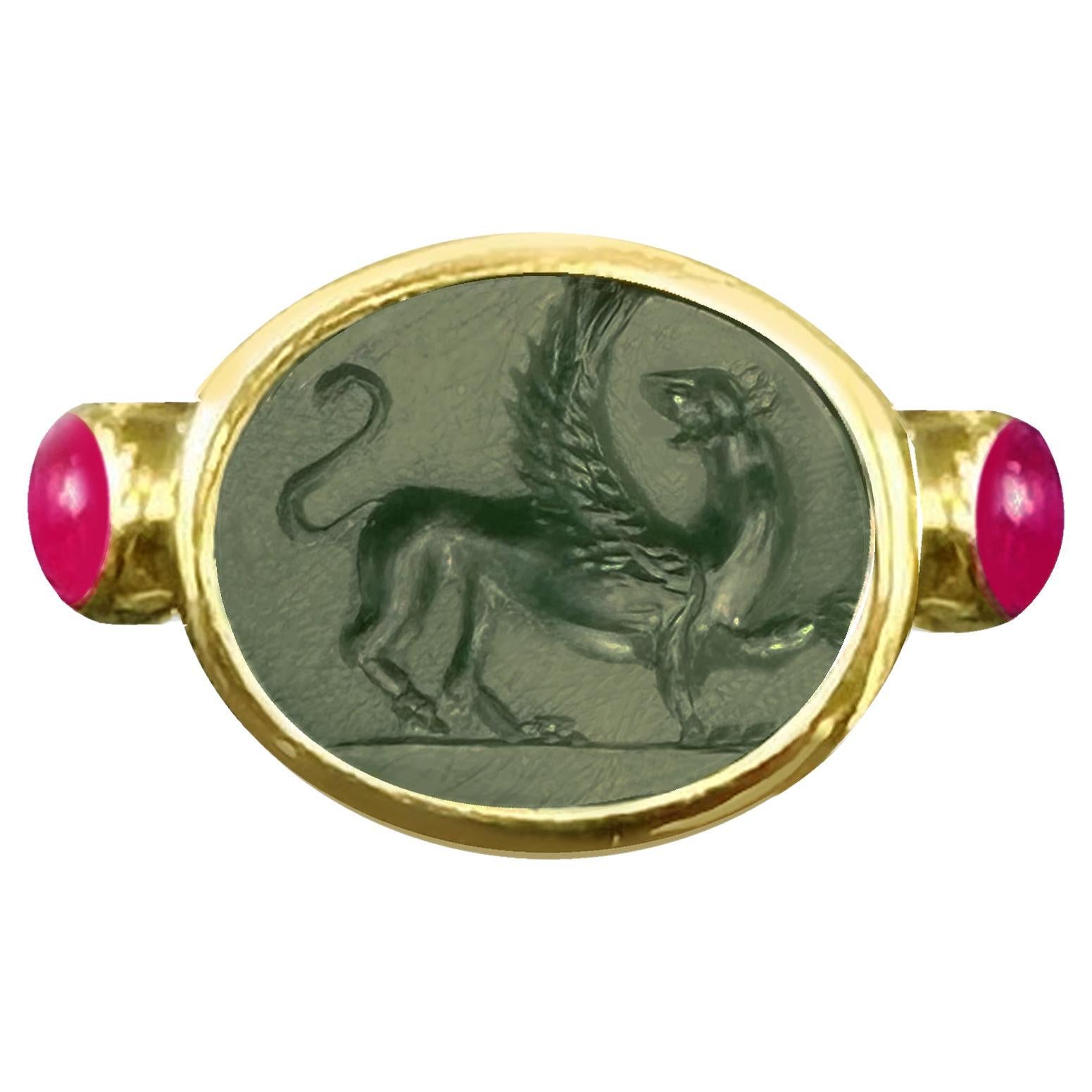 Roman Griffin intaglio on Prasio "Emerald of the Emperors" 1st cent.AD Gold ring