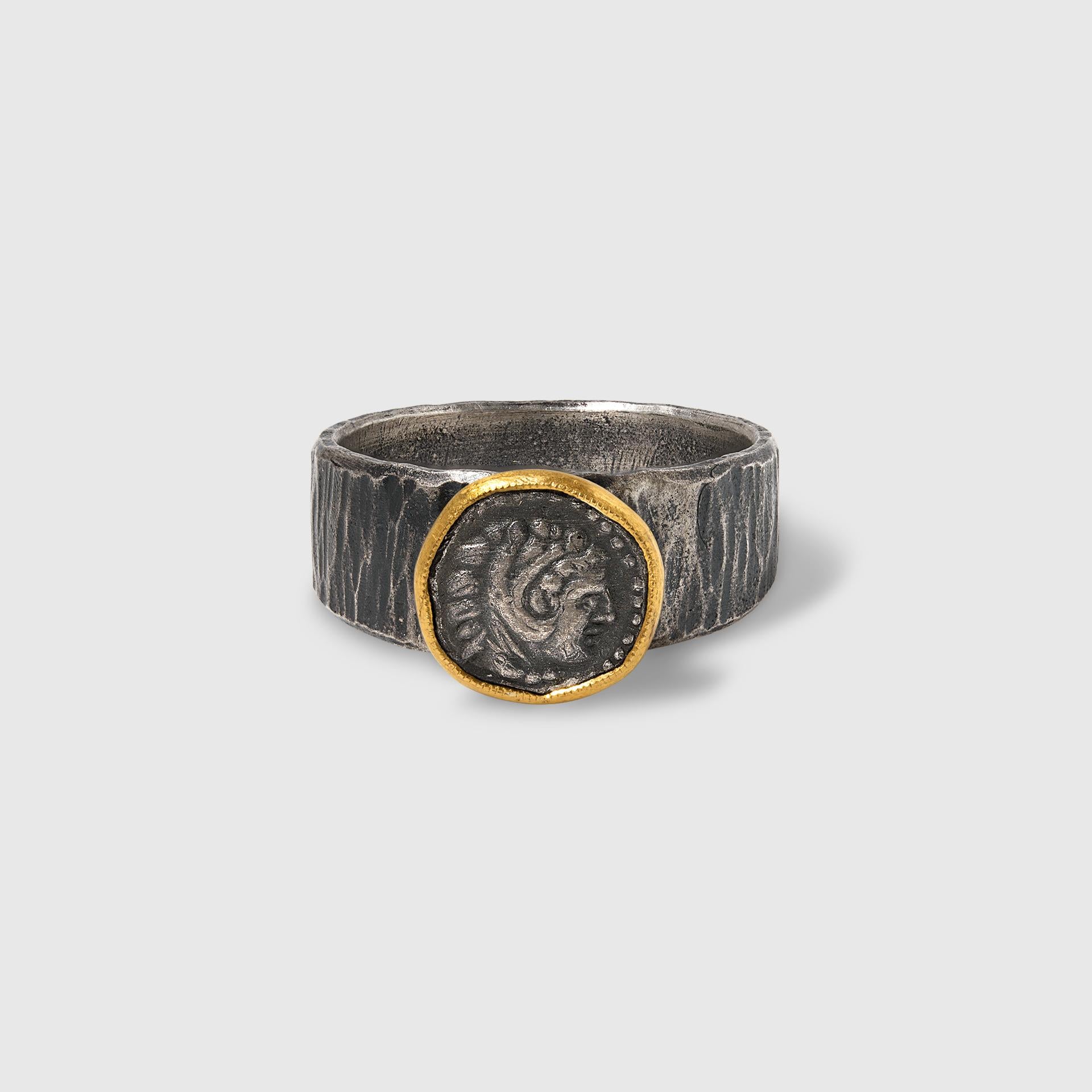 Greek Head, Alexander the Great, Miniature Coin 'Replica' Stacker Ring, 24K Gold and Silver, Handmade in Istanbul, Size 6 1/2 
Ring Details:
24K gold - 0.40 grams
Sterling Silver - 2.66 grams