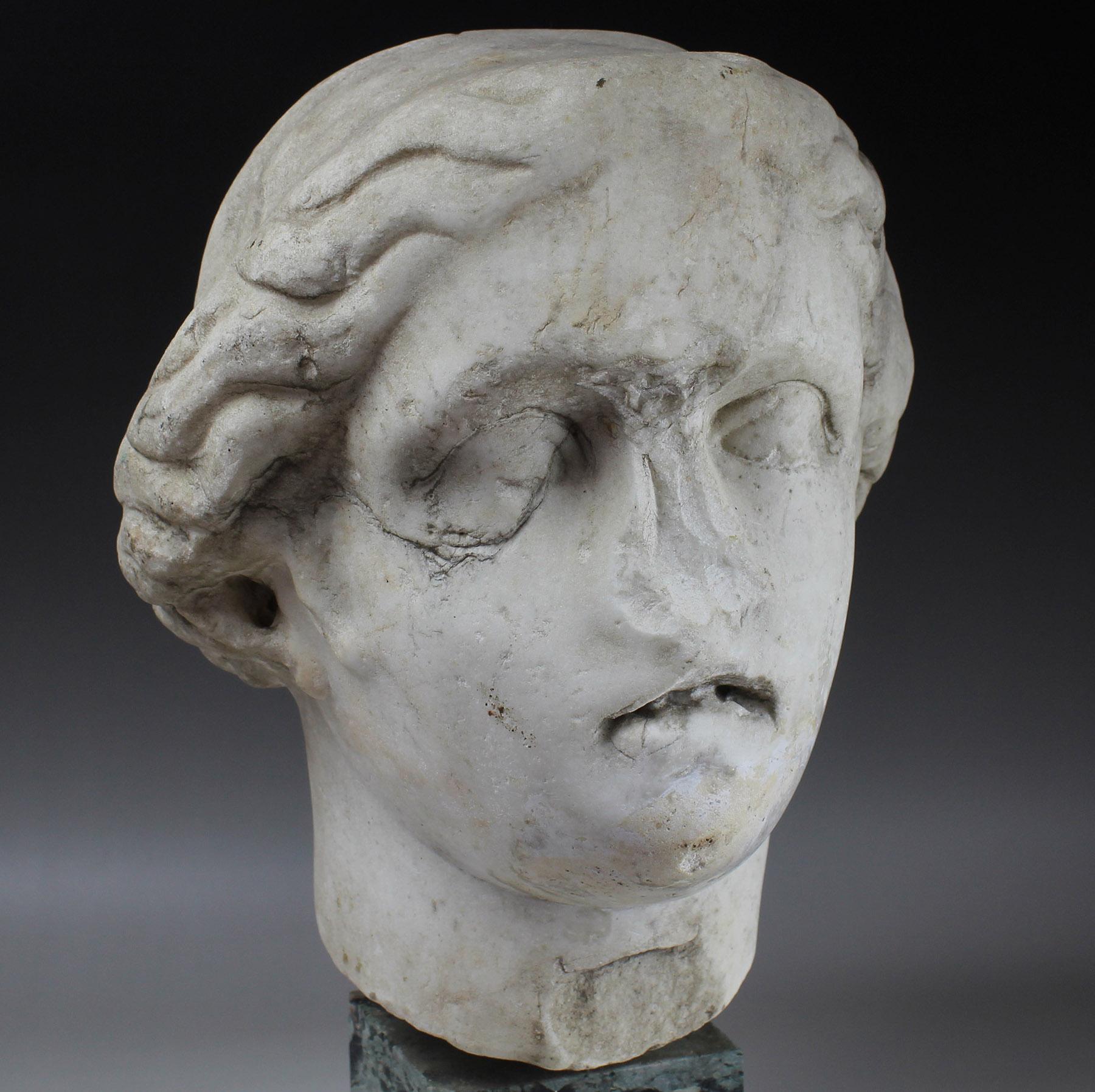 Item: Head of a goddess
Material: Marble
Culture: Roman
Period: 1st Century B.C – 1st Century A.D
Dimensions: 280 mm x 240 mm x 217 mm (without stand), Life size
Condition: Good condition. Include stand
Provenance: Ex French private