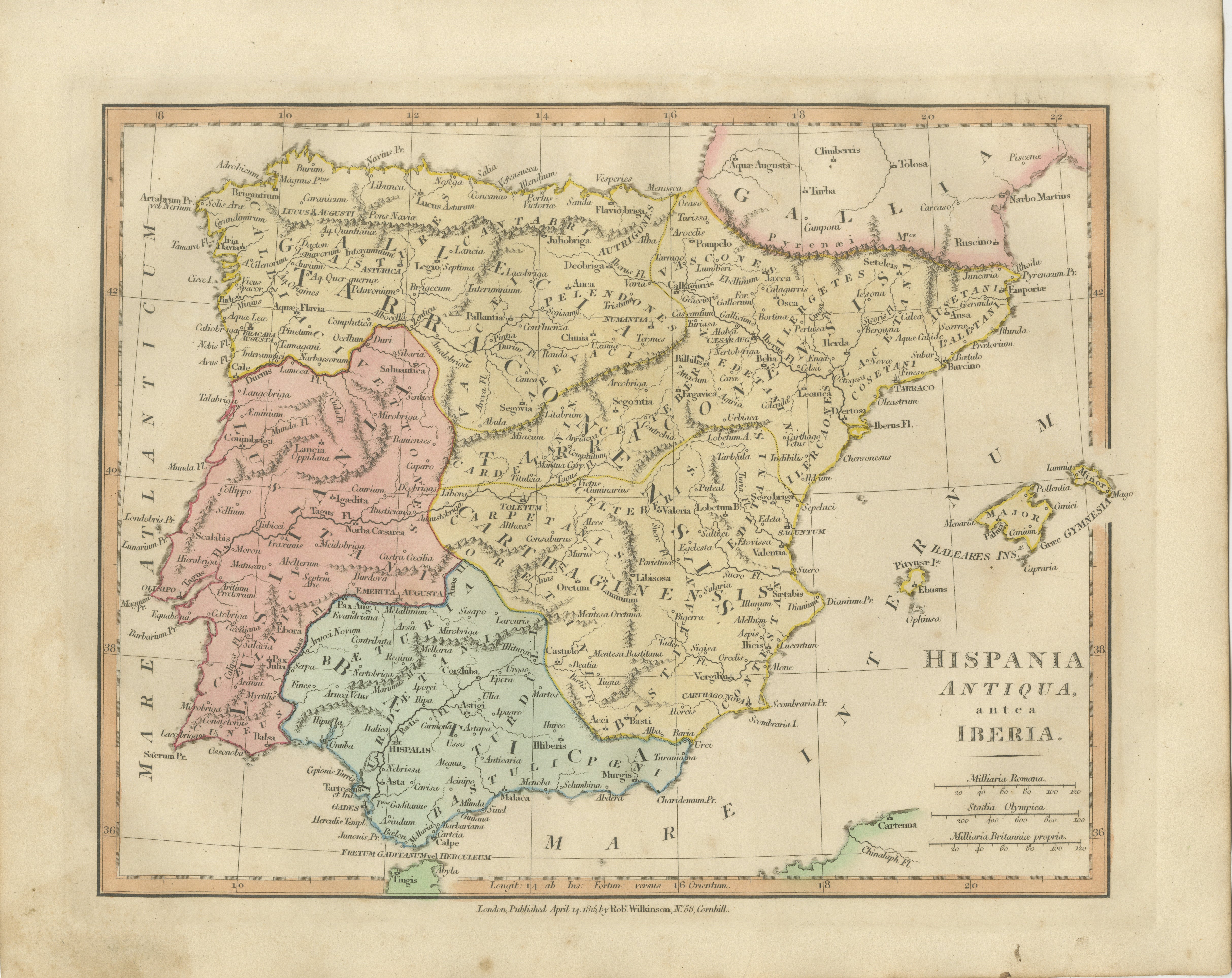 Roman Hispania Provinces Map — Decorative Classical Iberia, Wilkinson 1815
