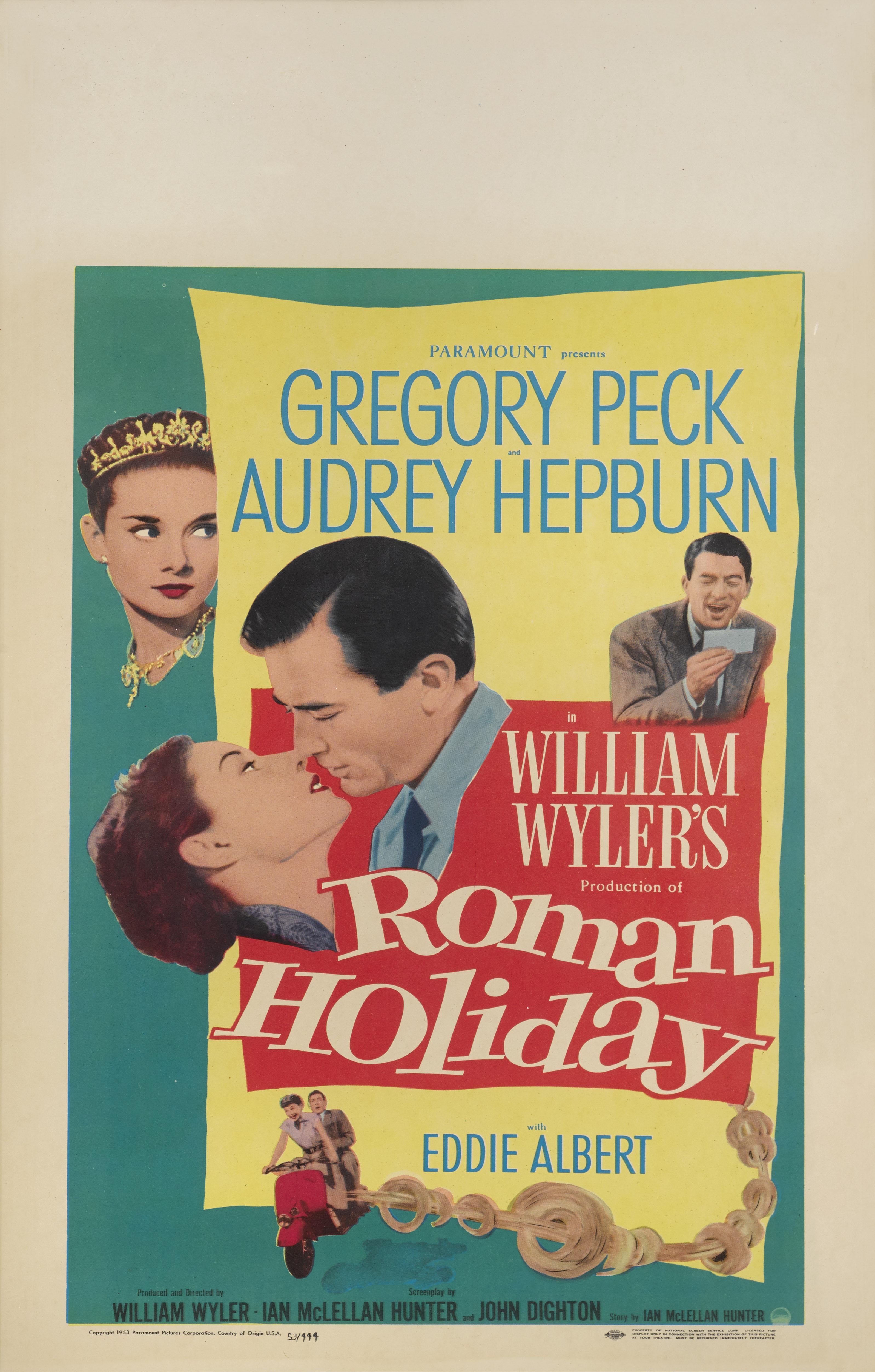 Original US film poster for the 1953 Classic.
This romantic comedy was directed and produced by William Wyler, and stars Audrey Hepburn and Gregory Peck. Hepburn won an Academy Award for Best Actress for her performance. The film also won two other