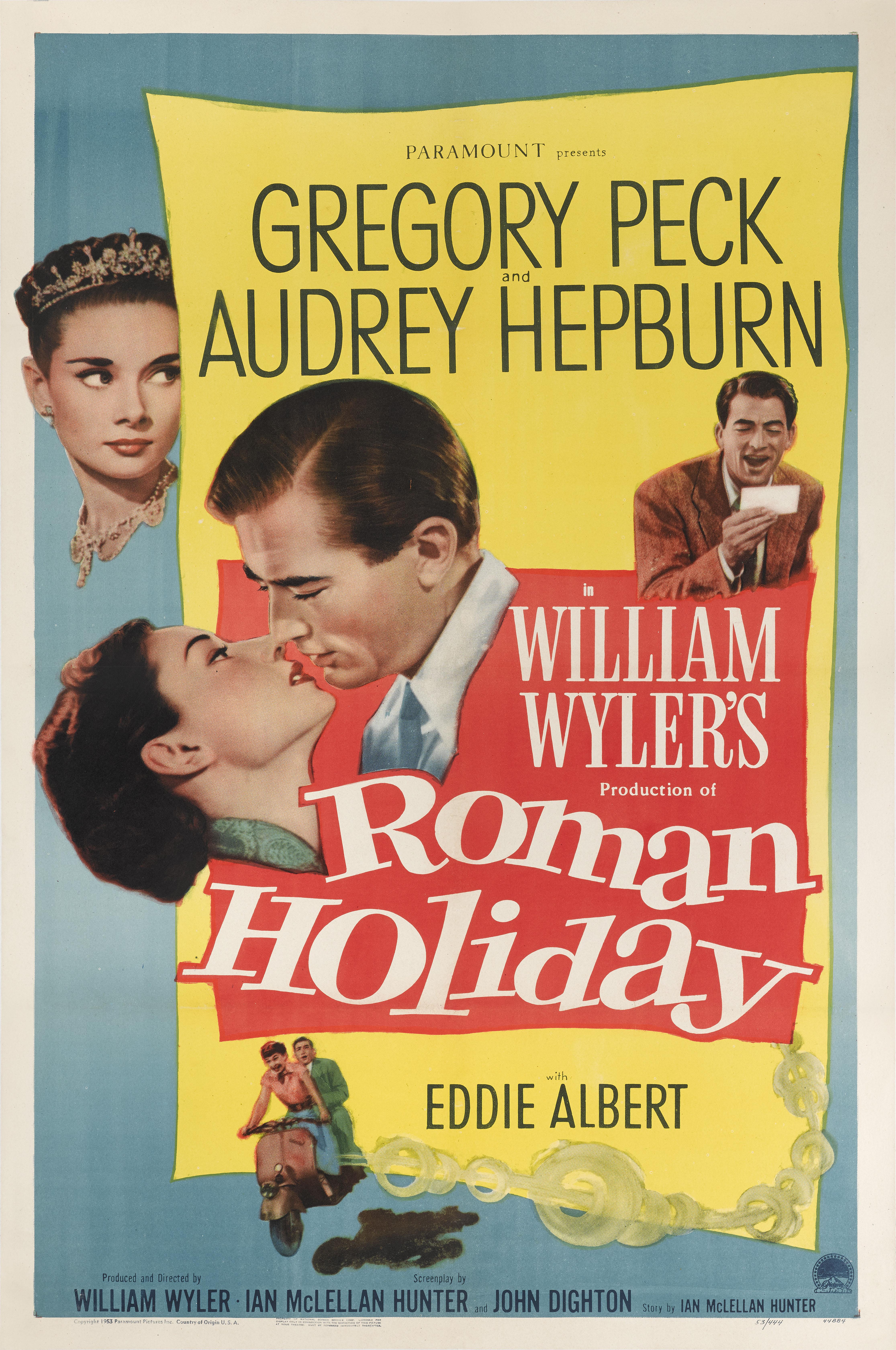 Poster cinematografico originale degli Stati Uniti per la classica commedia romantica del 1953 diretta e prodotta da William Wyler e interpretata da Audrey Hepburn e Gregory Peck. La Hepburn vinse l'Oscar come miglior attrice per la sua