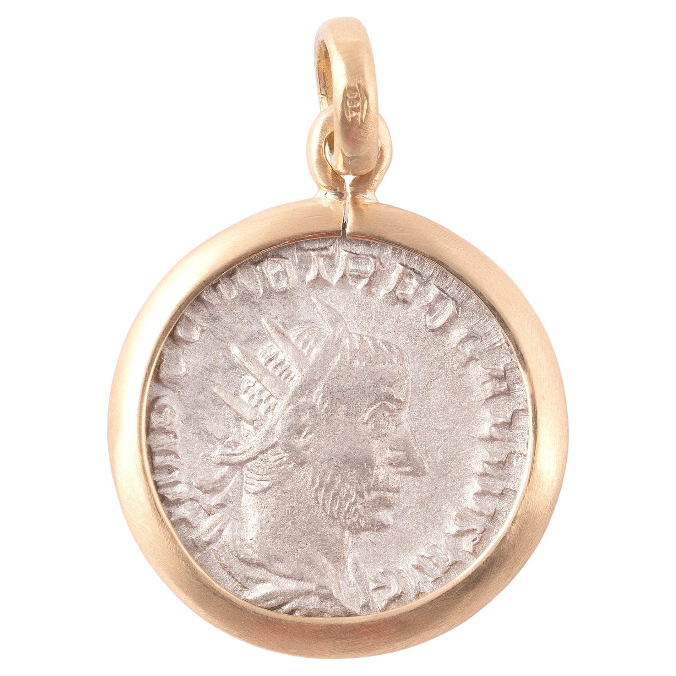 Classical Roman Roman Imperial Trebonianus Gallus 251-253 AD Silver Coin 18kt Gold Pendant For Sale