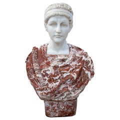 Roman Inspiration Neoclassical Bust in White and Veined Red Marble