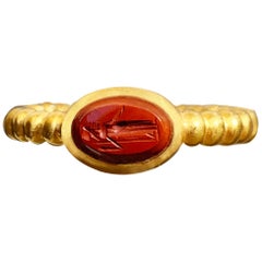 Roman Intaglio 18 Karat Gold Ring Depicting Athena with Spear and Horn of Plenty