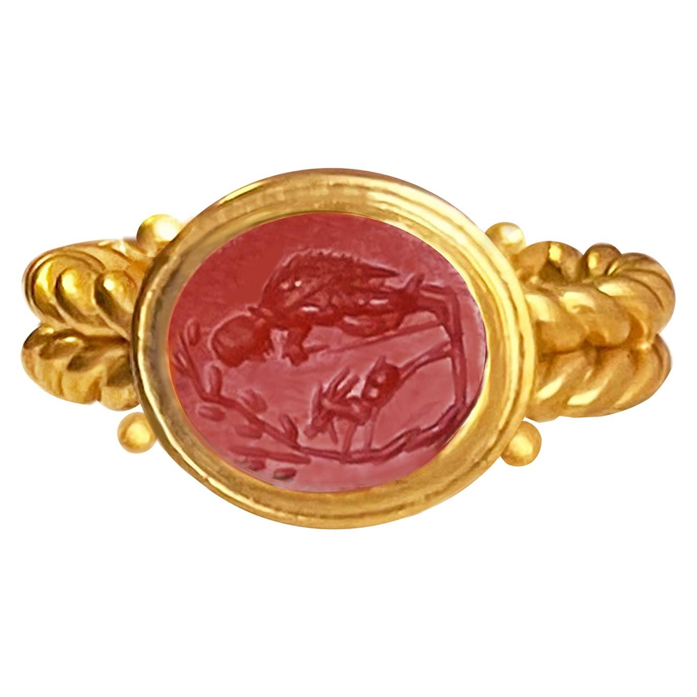 Roman Intaglio 2nd Century AD 18 Kt Gold Ring Depicting the Goat Amalthea