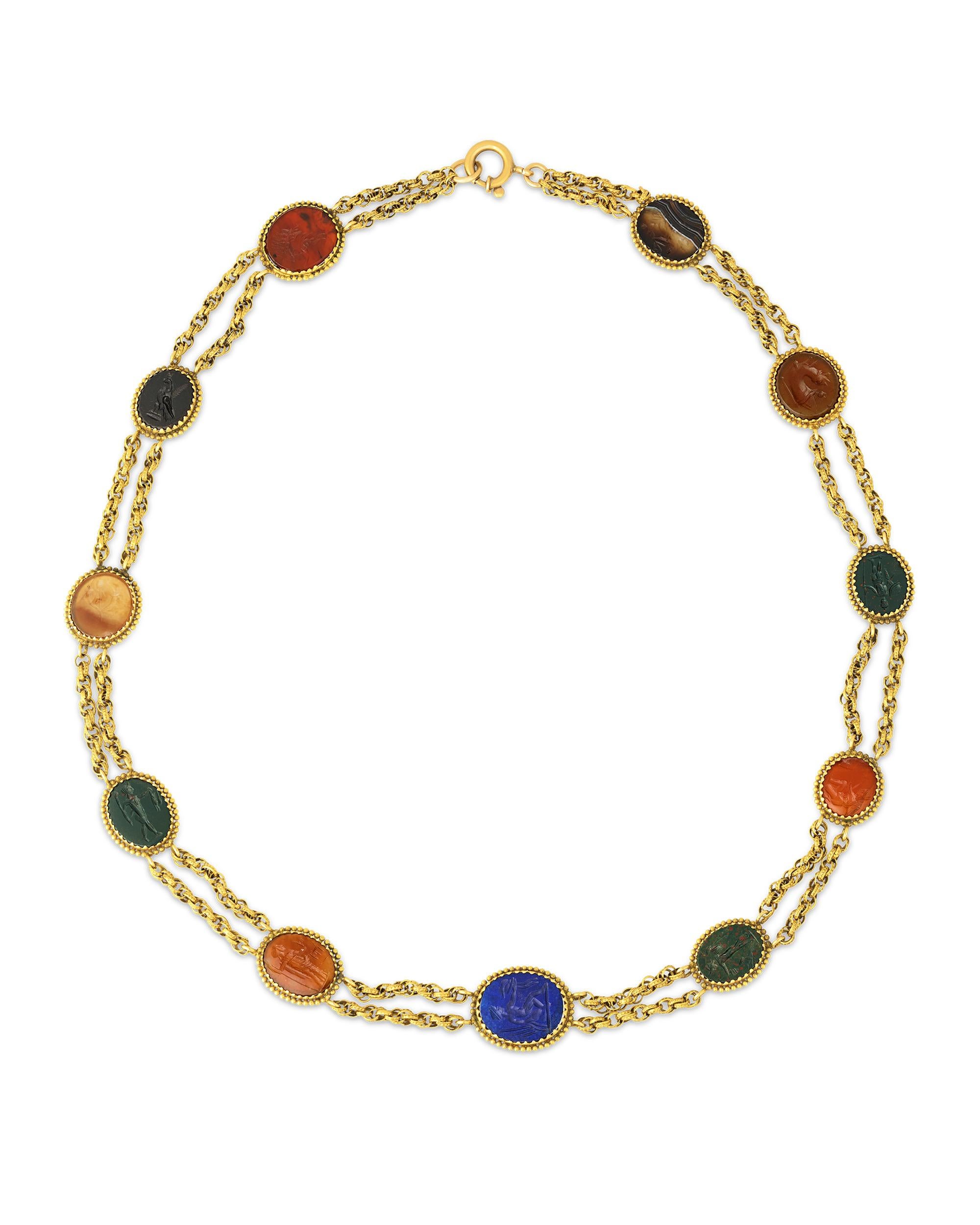 Victorian Roman Intaglio Gemstone Necklace For Sale
