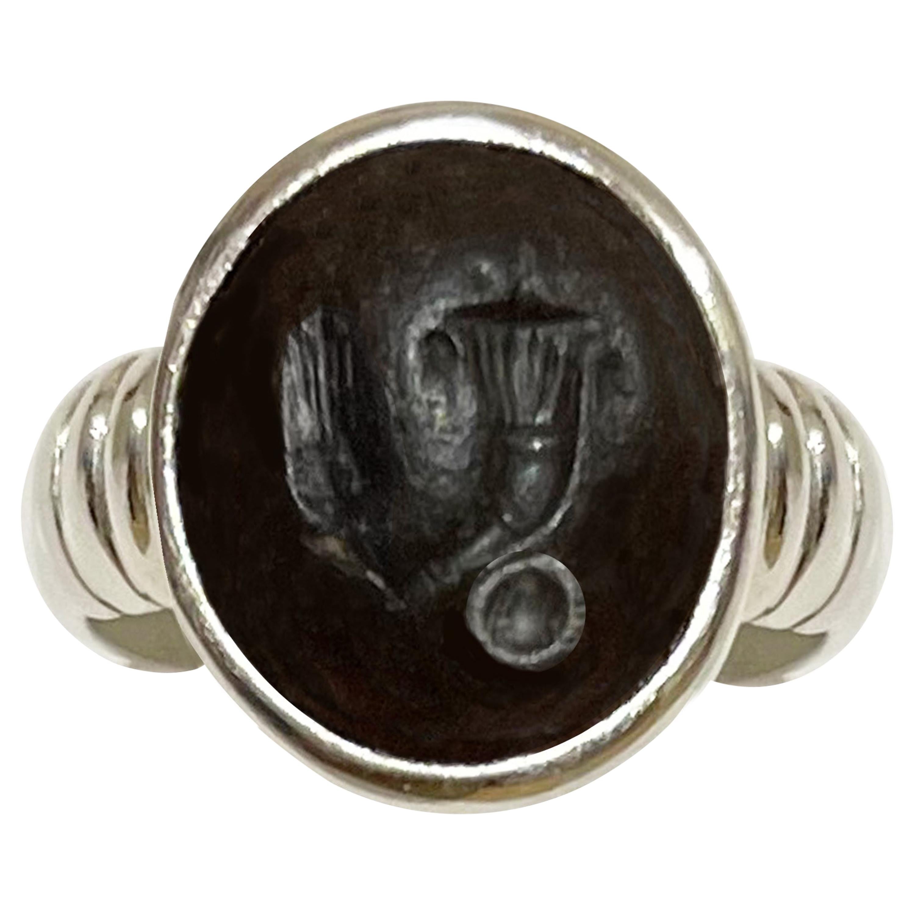 Roman Intaglio on Agate Sterling Silver Ring Depicting Horn of Plenty and an Ear
