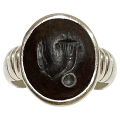 Roman Intaglio on Agate Sterling Silver Ring Depicting Horn of Plenty and an Ear