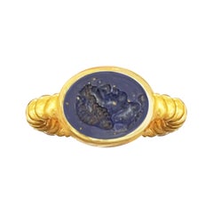 Roman Intaglio on Lapis Lazuli '1st cent AD' 18 Kt Gold Ring Depicting Apollo