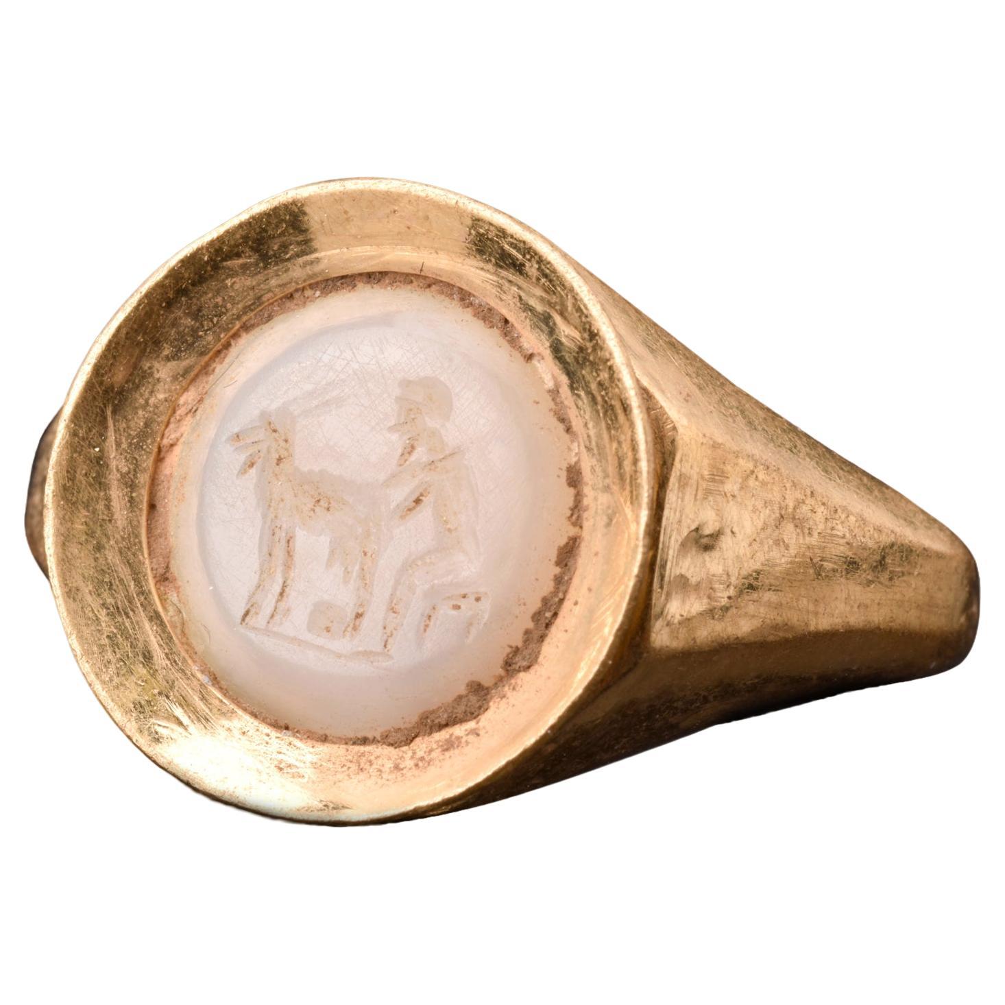Roman Intaglio with Man Milking a Goat in Gold Ring