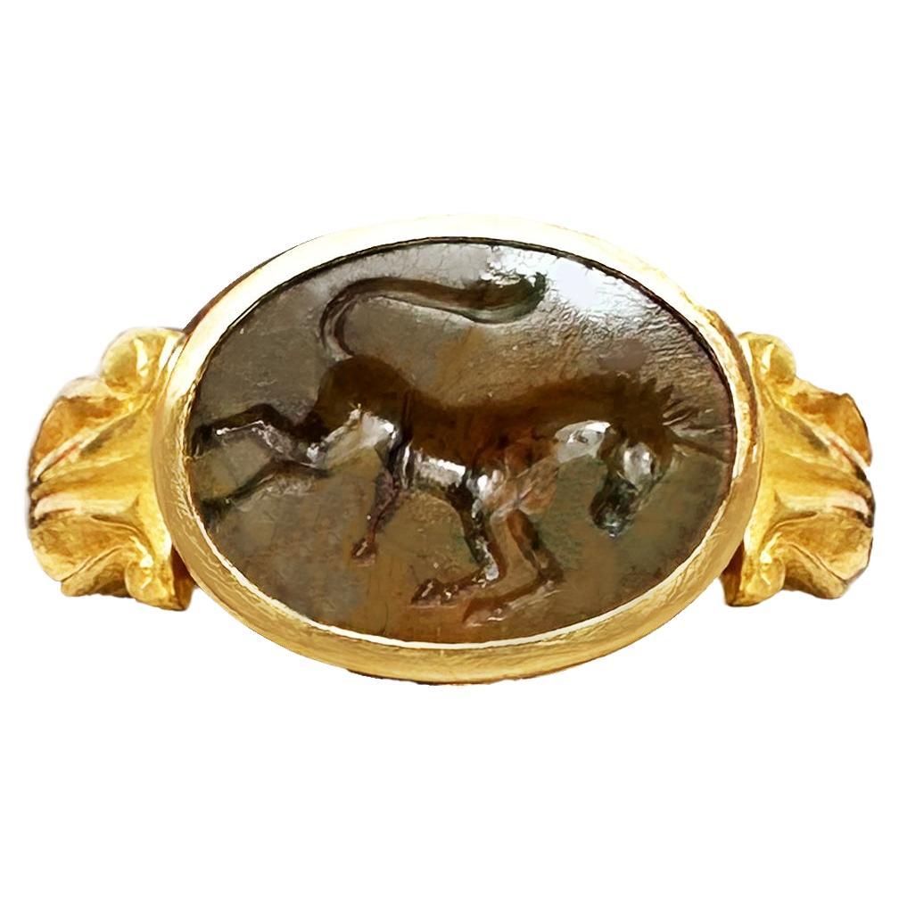 Roman Jasper Intaglio 1st-2nd cent. AD 18 Kt Gold Ring depicting a Horse