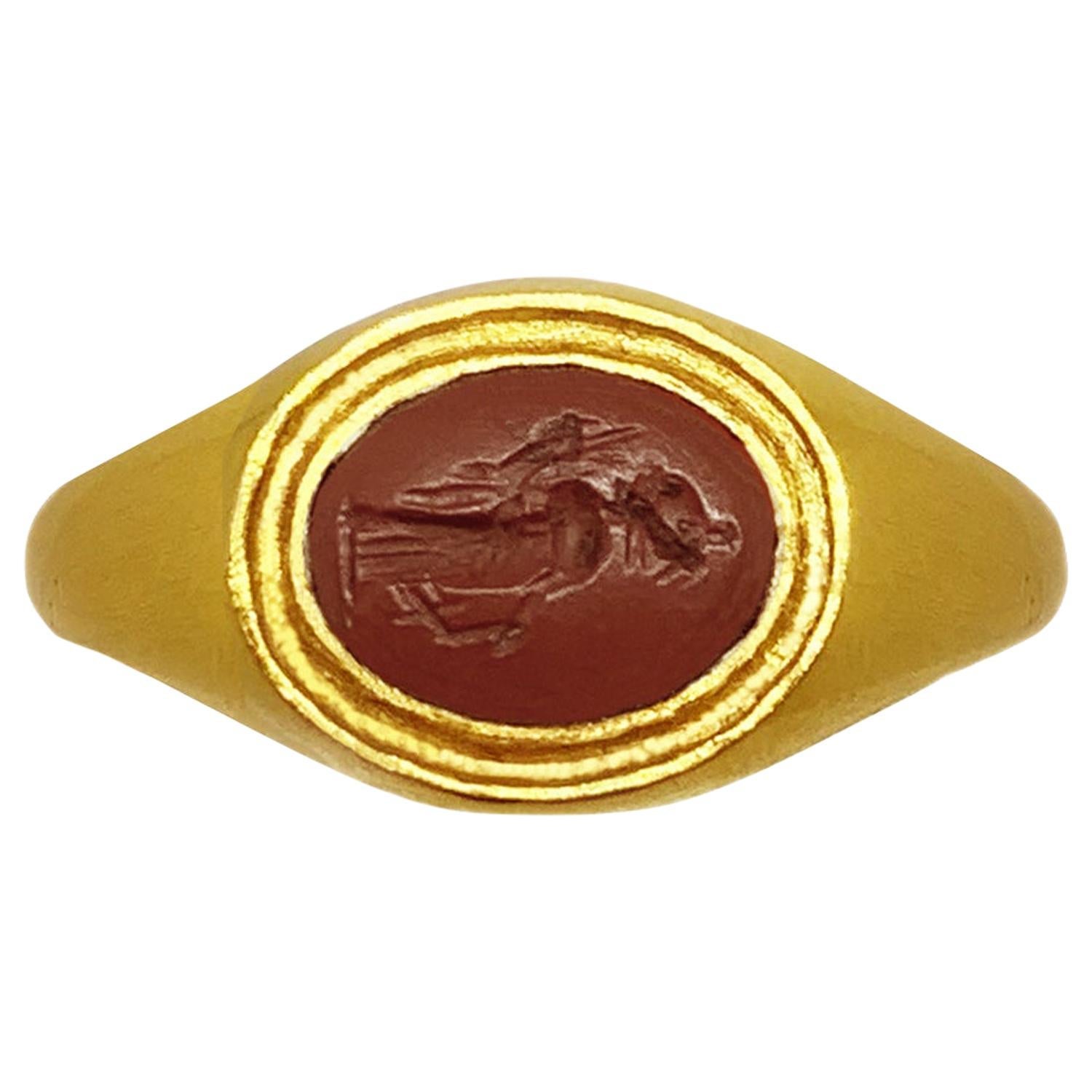 Roman Jasper Intaglio 
1st cent. BC
 18 Karat Gold Ring Depicting Fortune