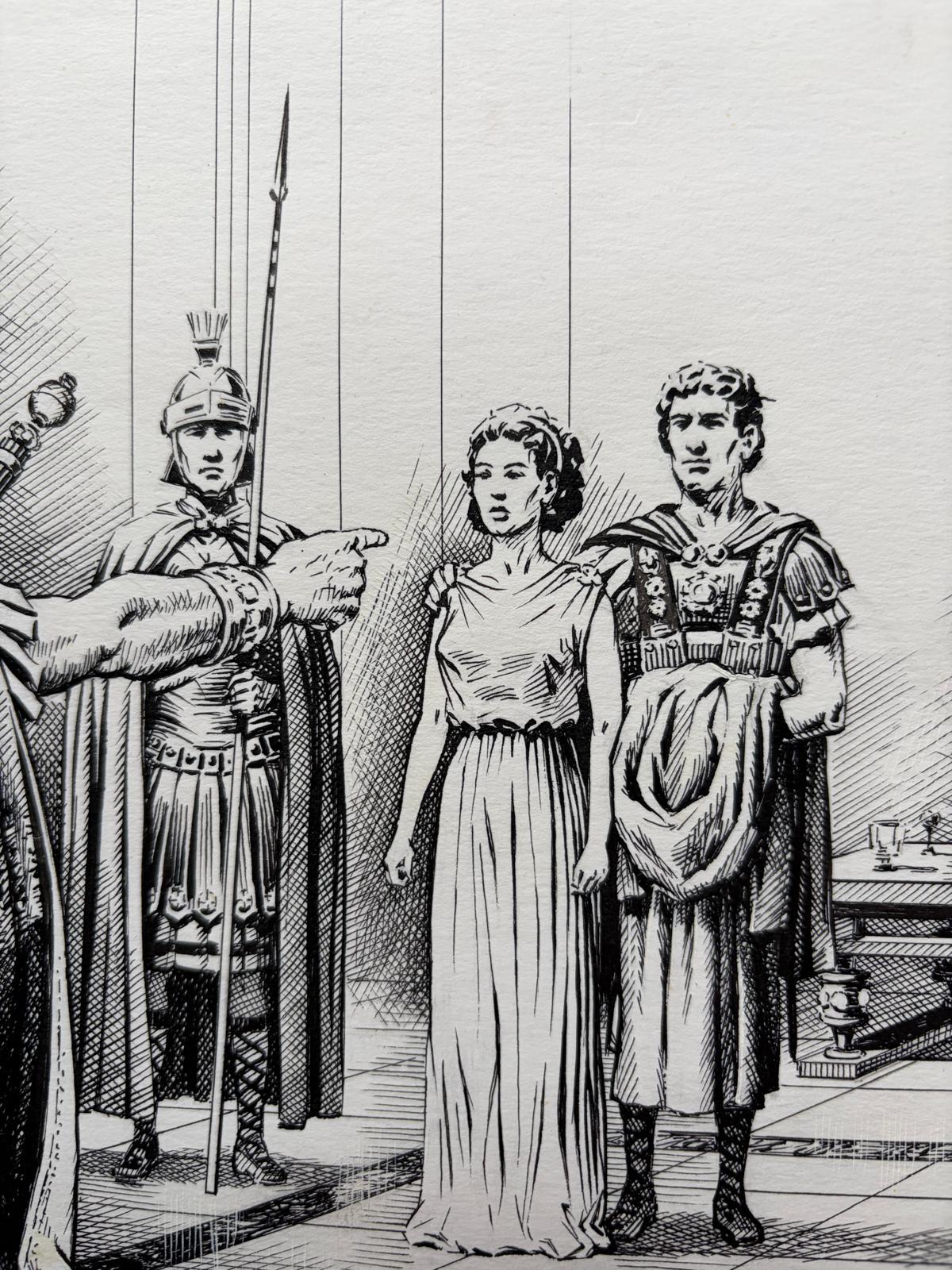 Scène de jugement romain - Illustration originale à la plume de Charles Burki, 1973 Bon état - En vente à Langweer, NL