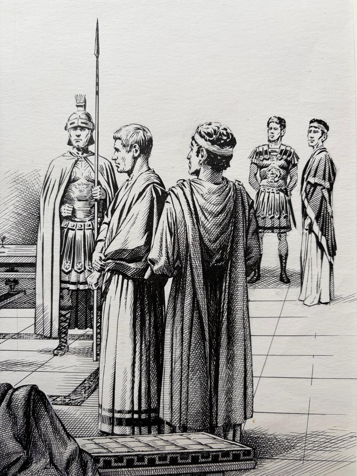 Fin du 20e siècle Scène de jugement romain - Illustration originale à la plume de Charles Burki, 1973 en vente