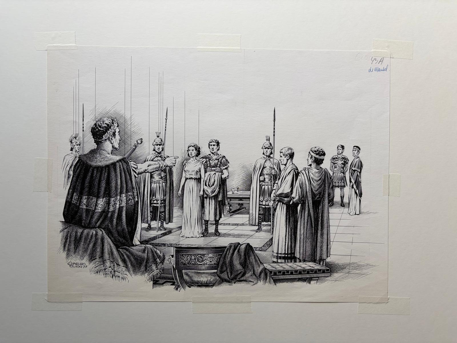 Papier Scène de jugement romain - Illustration originale à la plume de Charles Burki, 1973 en vente