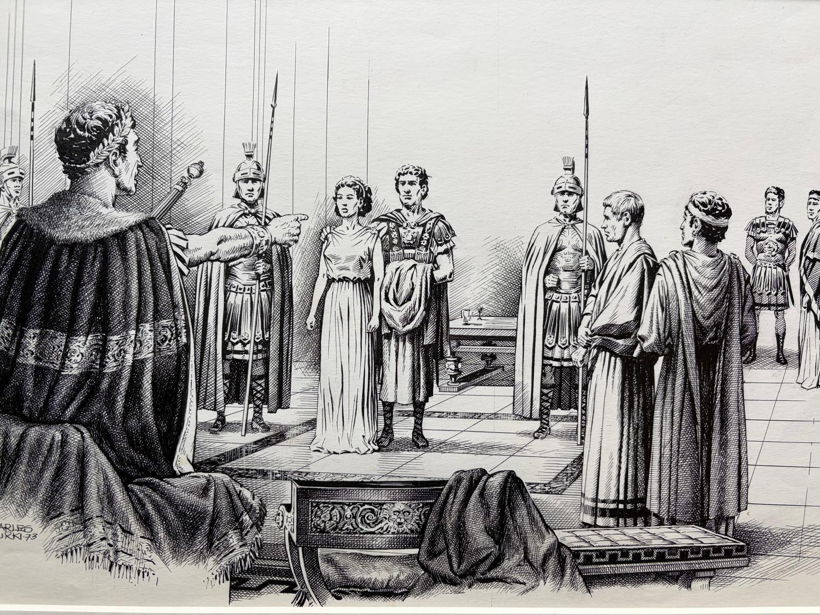 Scène de jugement romain - Illustration originale à la plume de Charles Burki, 1973 en vente 1