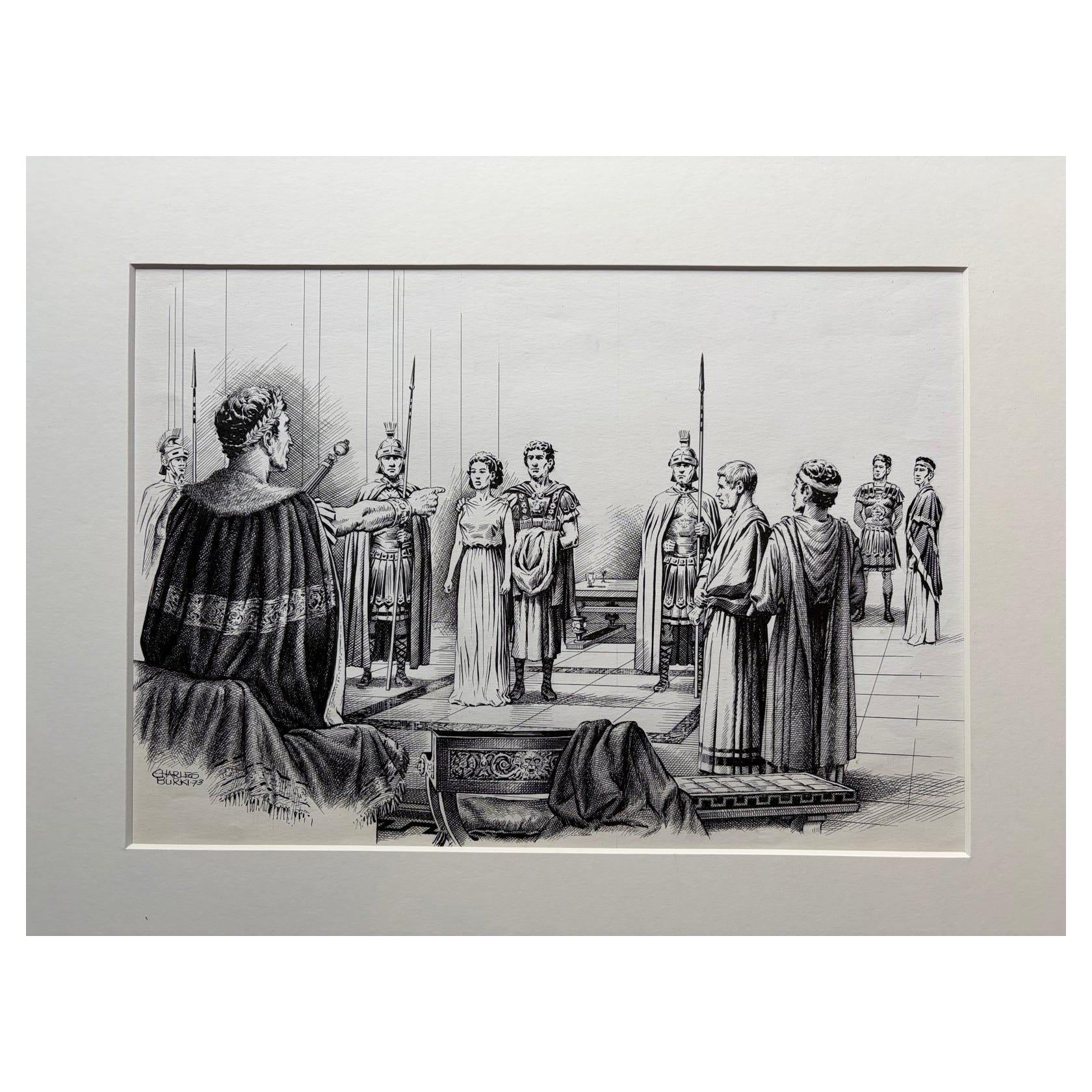 Scène de jugement romain - Illustration originale à la plume de Charles Burki, 1973
