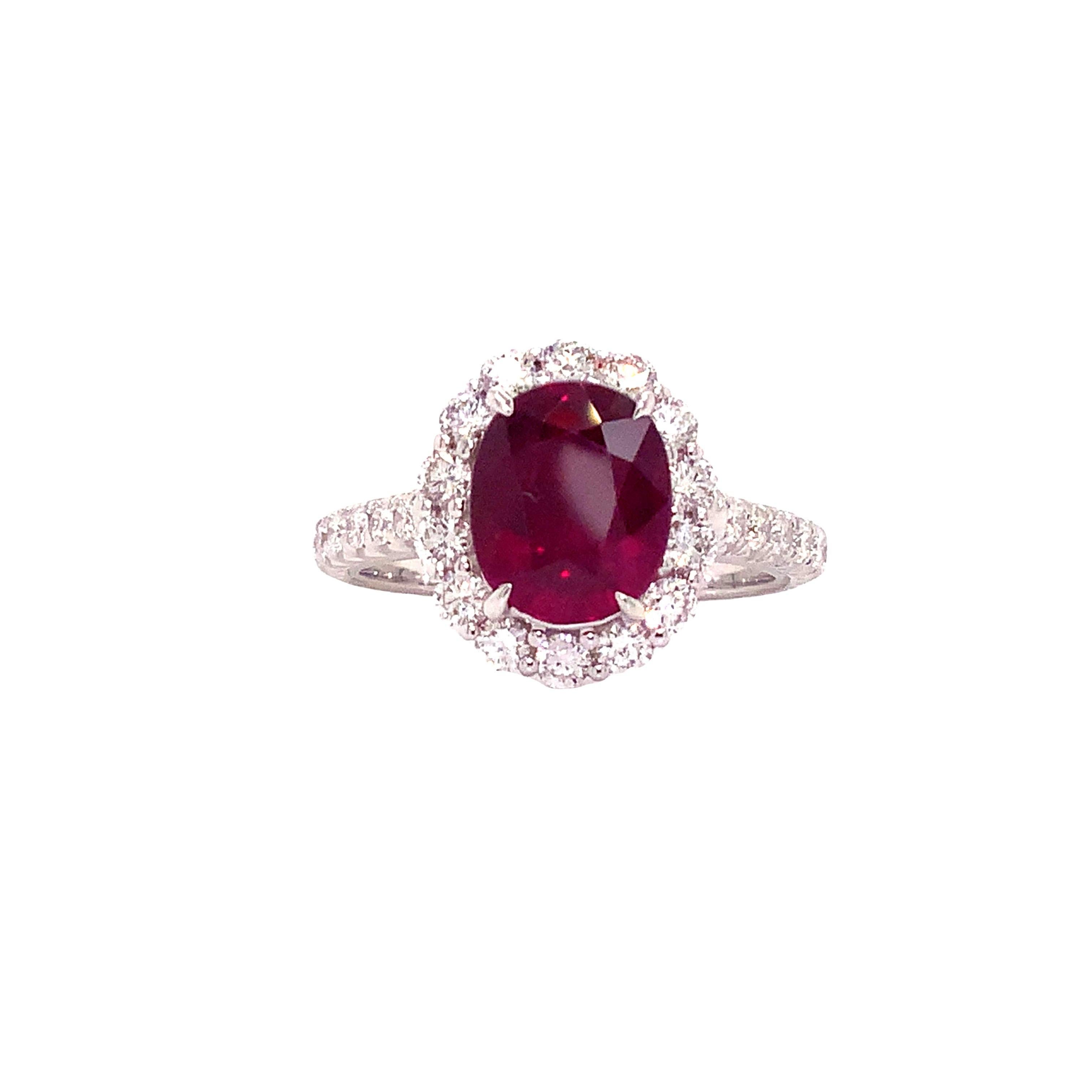 Victorian Roman + Jules Classic 2.52 Carat Gem Quality Red Ruby and Diamond Halo Ring For Sale