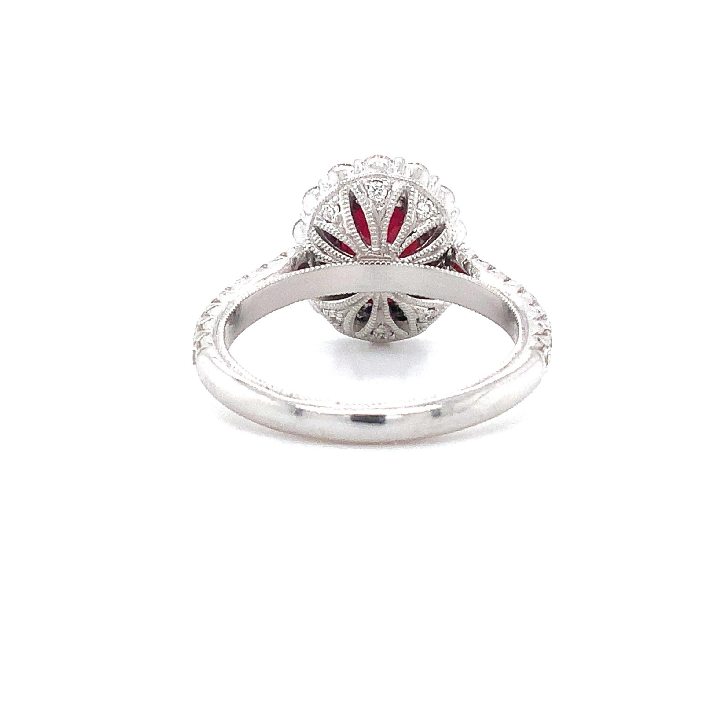Oval Cut Roman + Jules Classic 2.52 Carat Gem Quality Red Ruby and Diamond Halo Ring For Sale