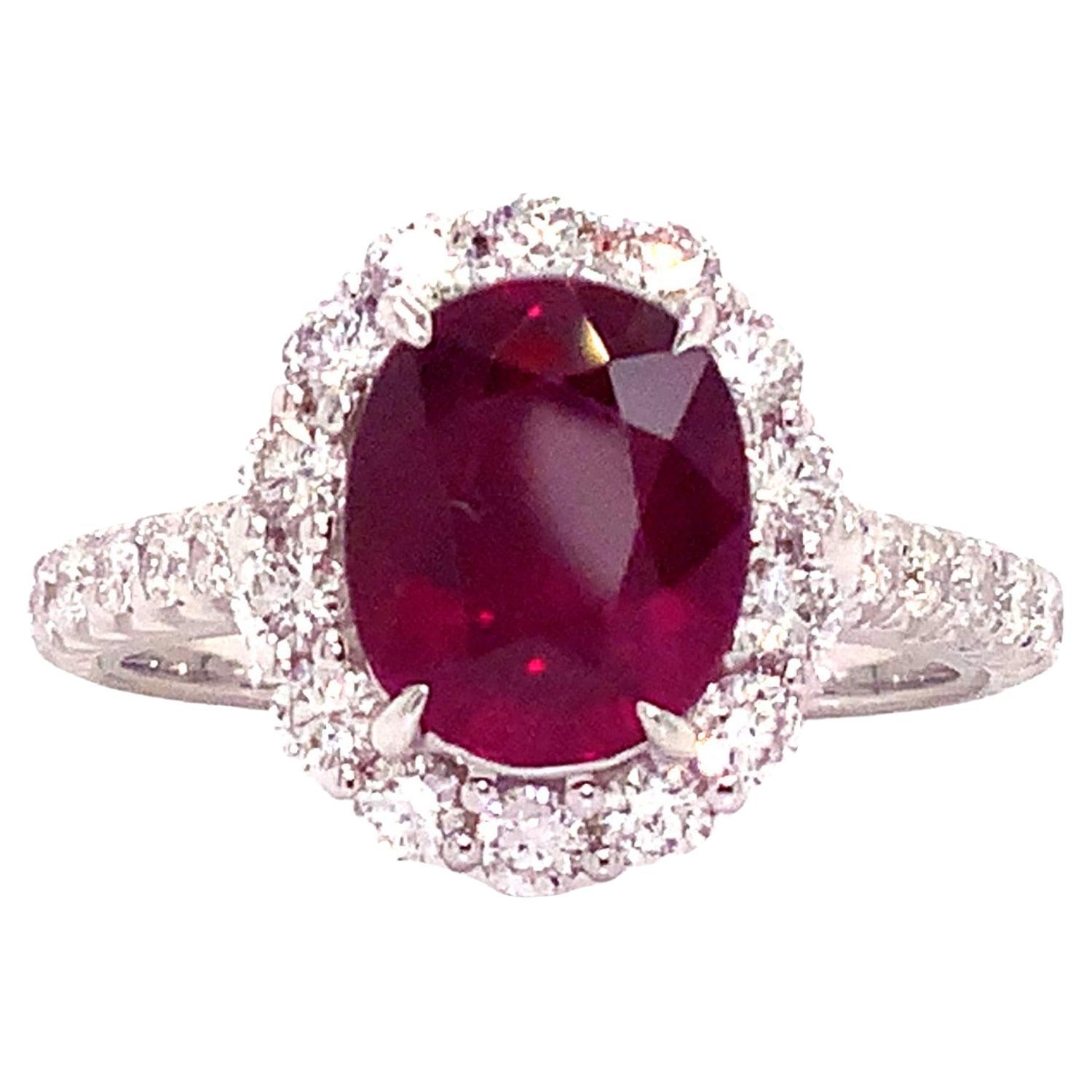 Roman + Jules Classic 2.52 Carat Gem Quality Red Ruby and Diamond Halo Ring For Sale