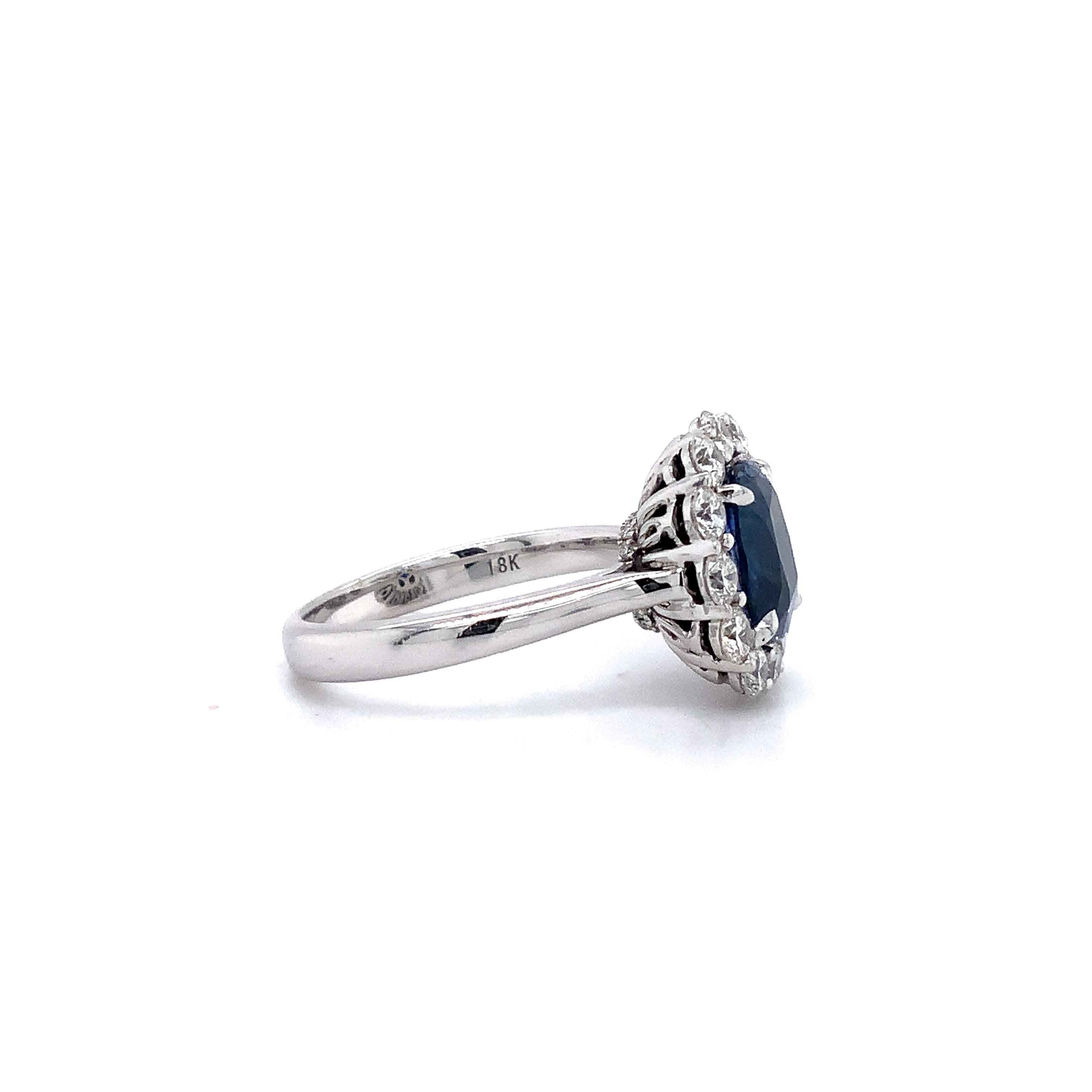 Cushion Cut Roman + Jules Classic 3.32ct Gem Quality Blue Sapphire and Diamond Halo Ring For Sale