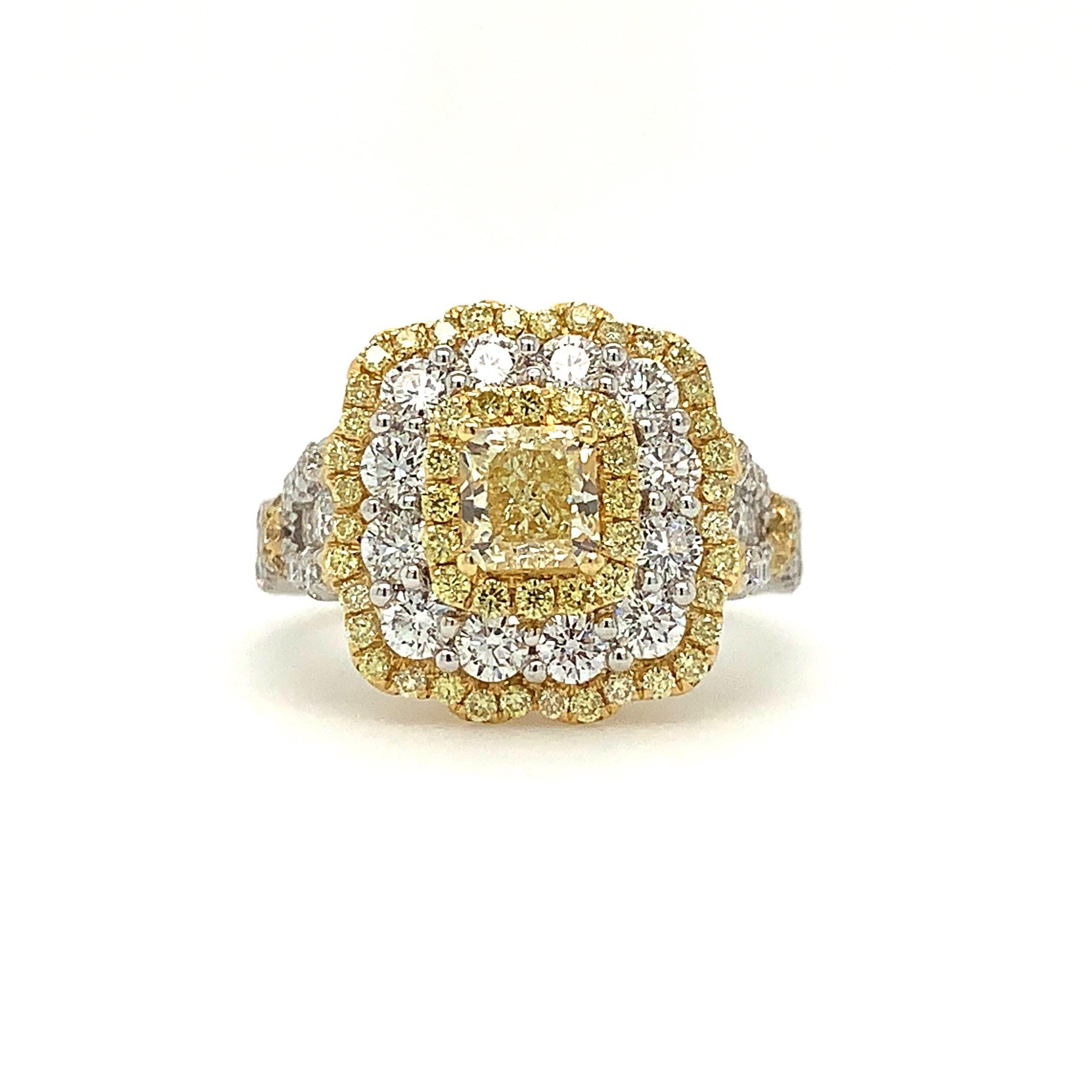 This Roman + Jules Very Fine Quality Diamond Ring features a Fancy Intense Yellow Pavée Set, composed of 48 Round Brilliant Yellow Diamonds amounting to 0.48ctw of Vivid Intense Yellow VS clarity, as well as 48 Round Brilliant White Ideal Cut