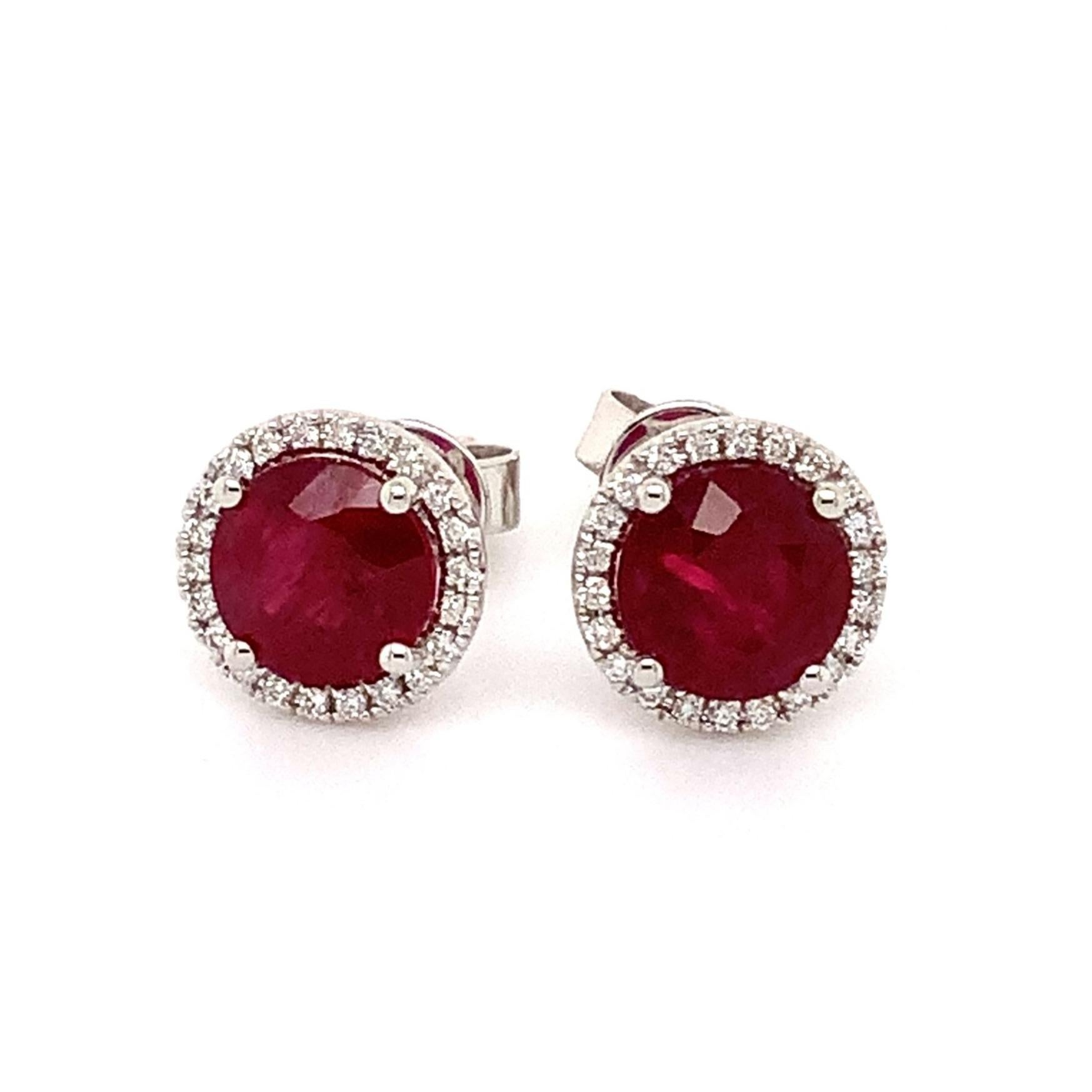 Modern Roman + Jules Fine Quality Ruby and Diamond Halo Earrings in 18 Karat White Gold For Sale