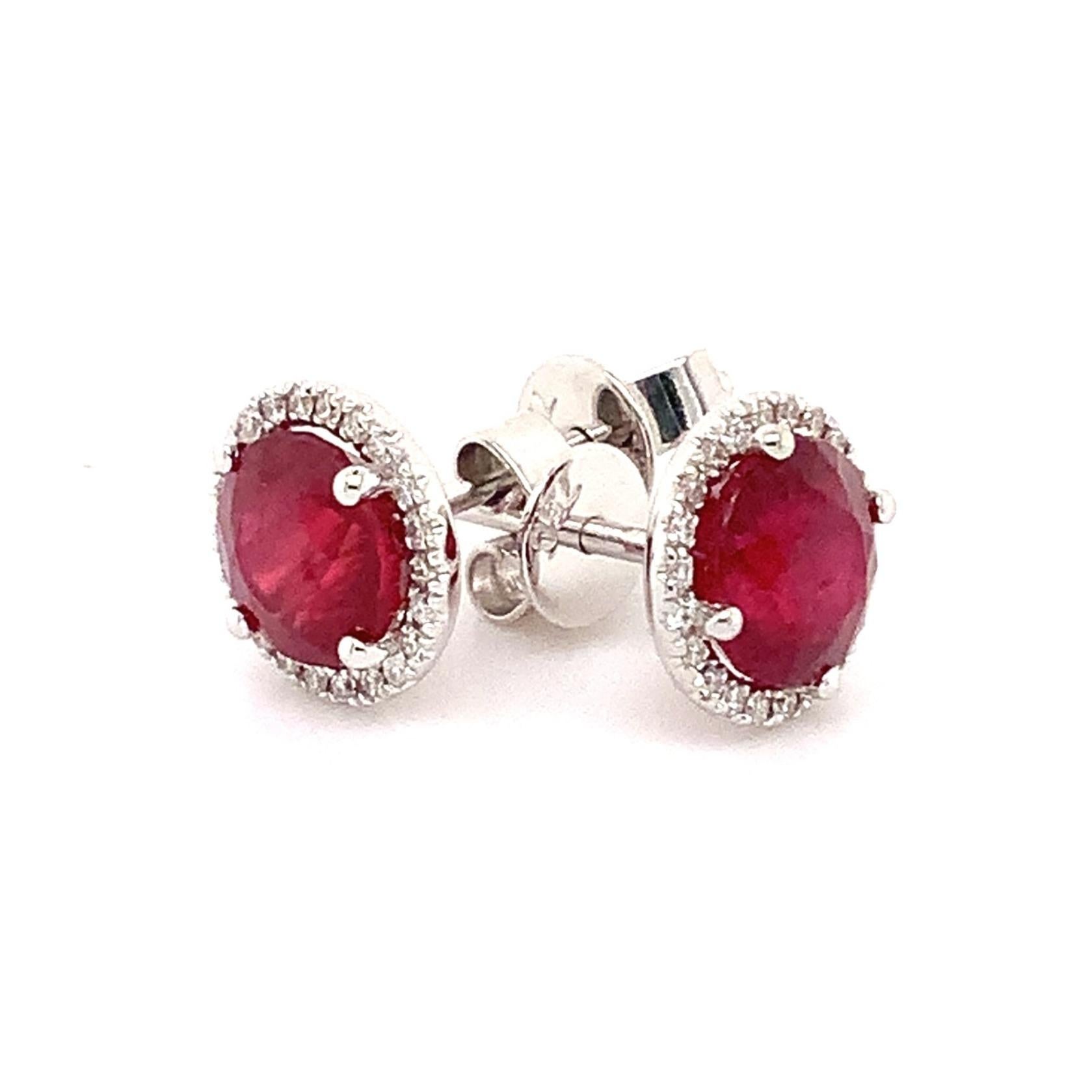 Brilliant Cut Roman + Jules Fine Quality Ruby and Diamond Halo Earrings in 18 Karat White Gold For Sale