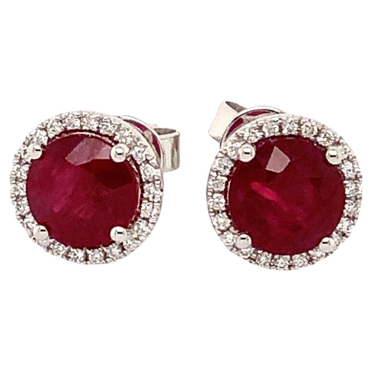 Roman + Jules Fine Quality Ruby and Diamond Halo Earrings in 18 Karat White Gold For Sale