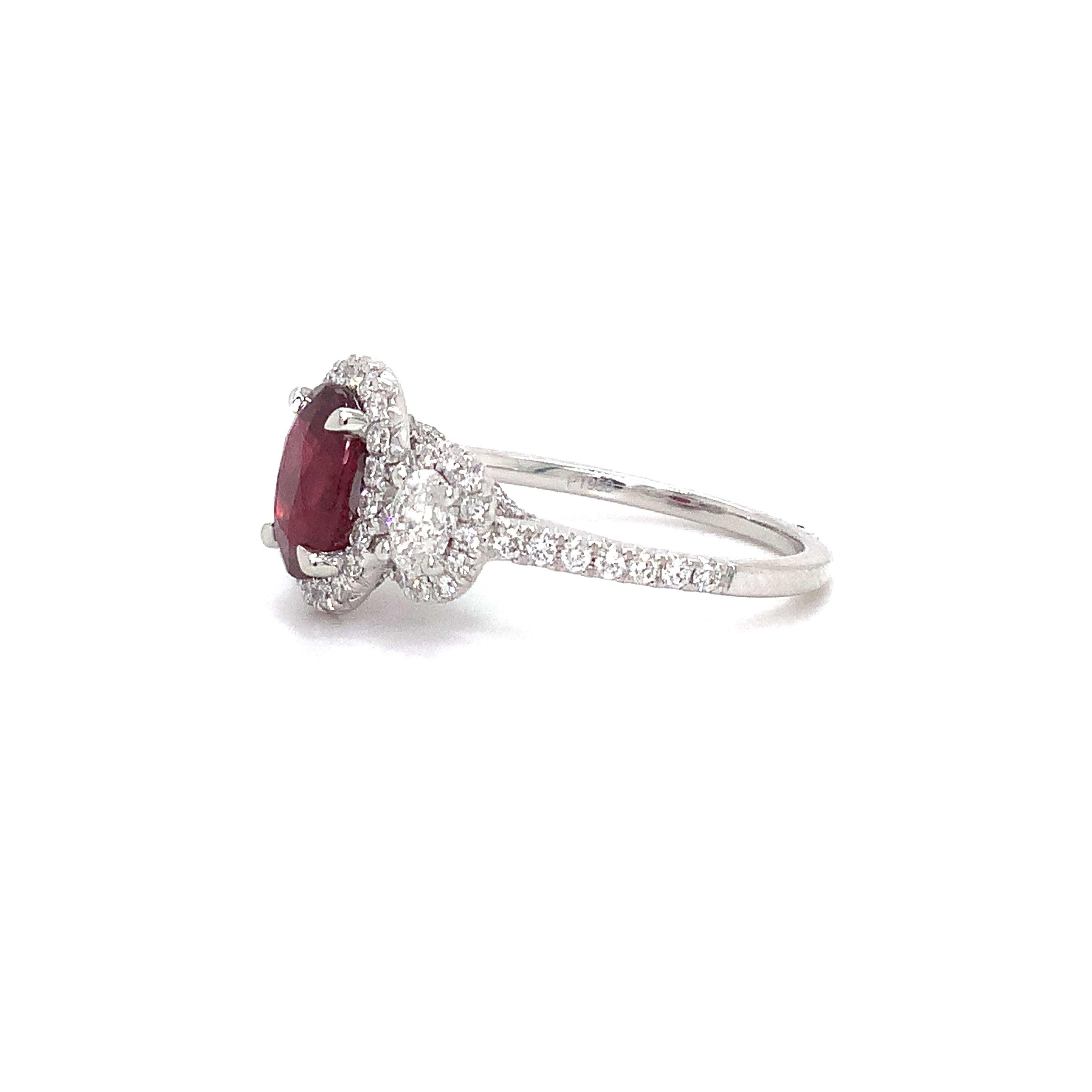 Oval Cut Roman + Jules Gia Certified 3 Stone Ruby and Diamond Ring Set in 950 Platinum For Sale