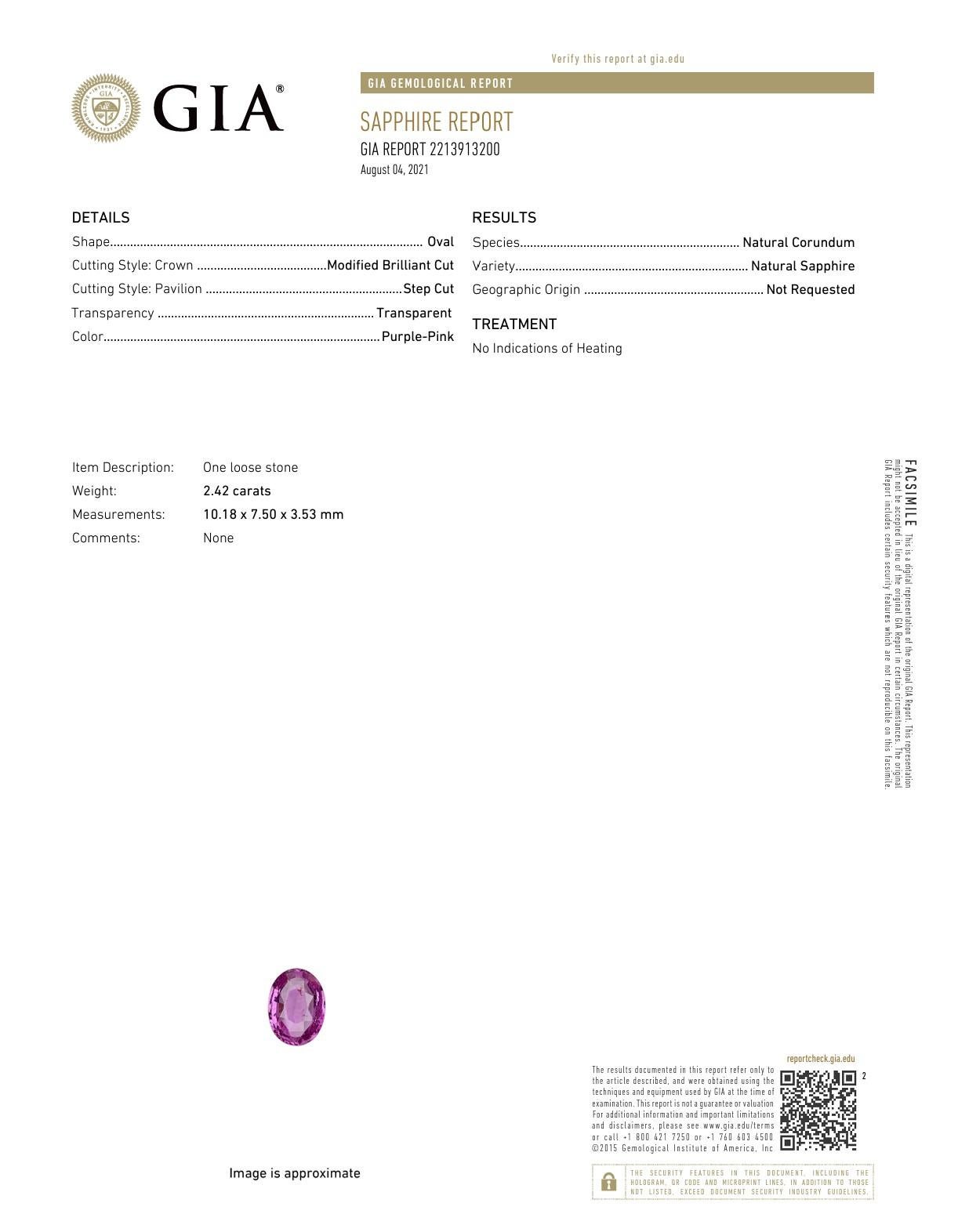 Roman + Jules Natürlicher Gia-zertifizierter ovaler lila-pinkfarbener Saphir und Diamant im Angebot 3
