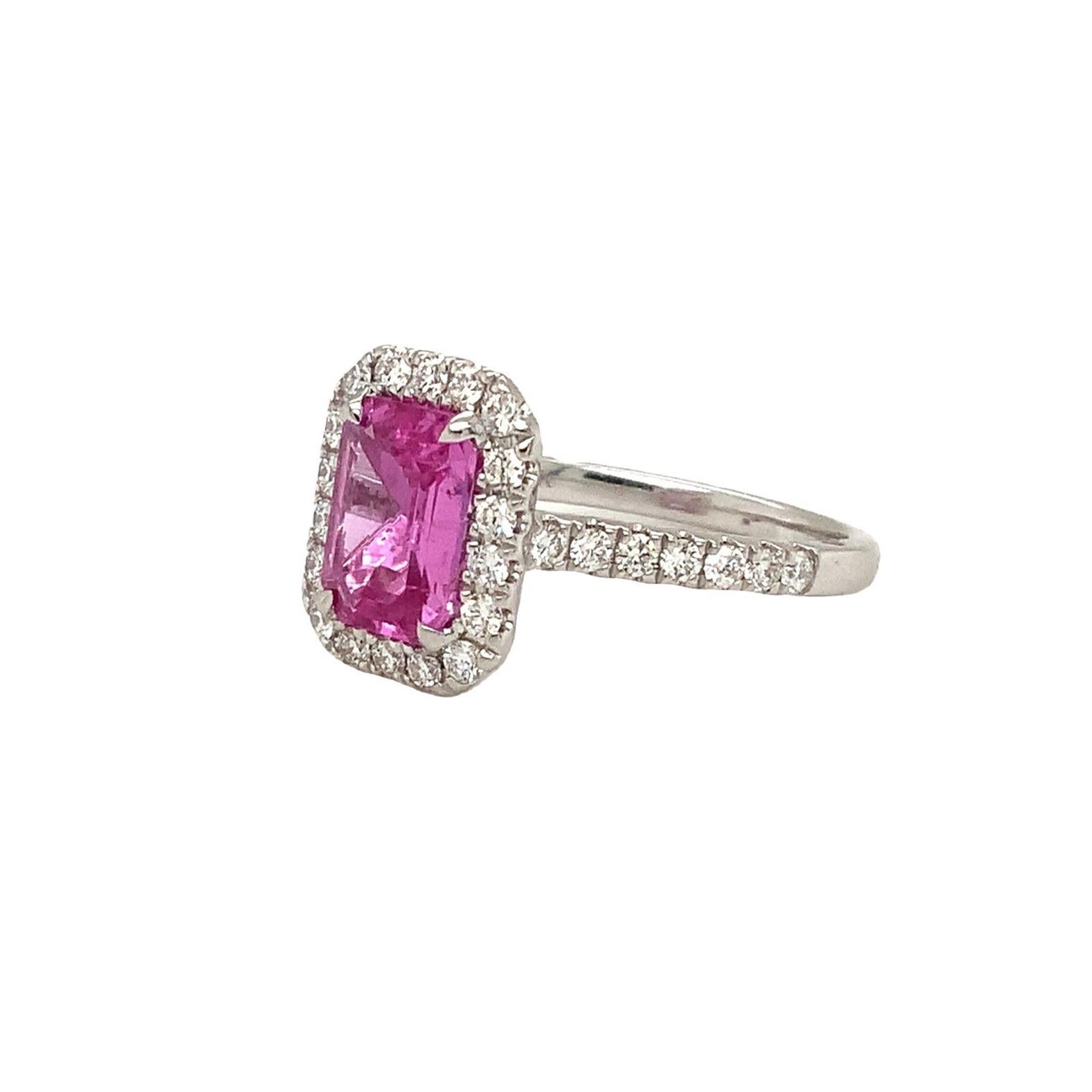 Modern Roman + Jules One of a Kind GIA 1.75ct Certified Emerald Cut Natural Pink Sapph For Sale