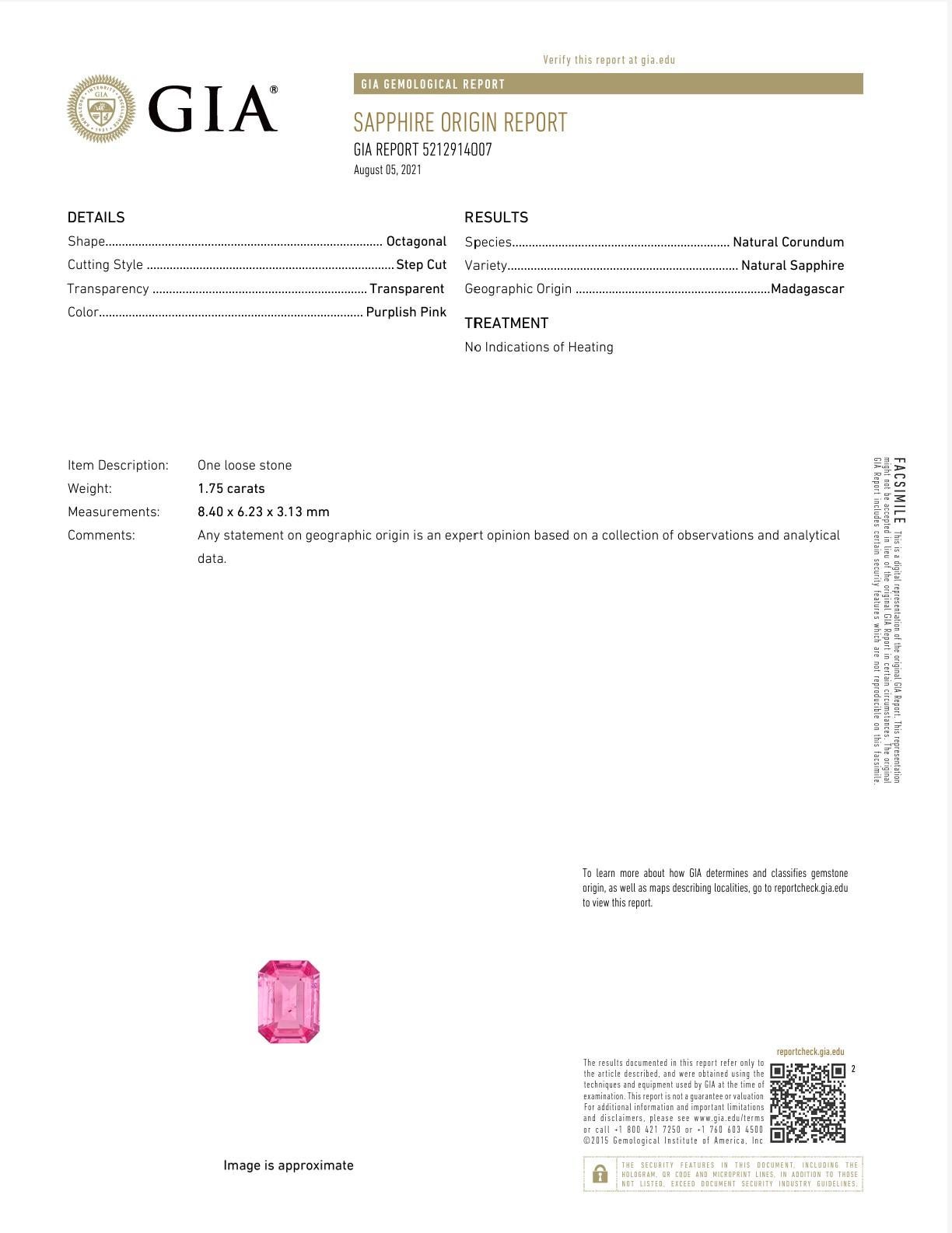 Roman + Jules Saphir rose naturel taille émeraude certifié GIA de 1,75 carat, exemplaire unique en vente 1