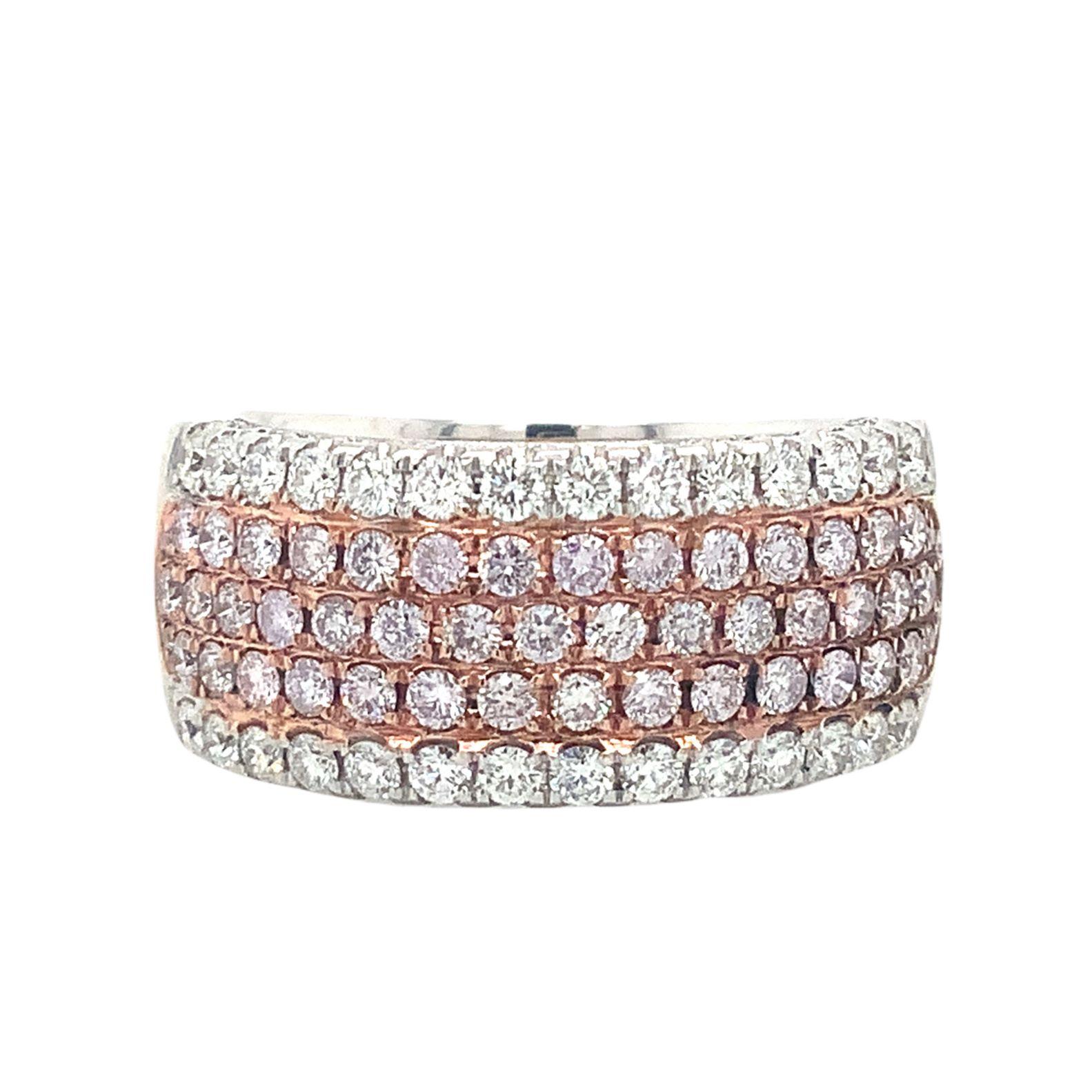 Roman + Jules Pavé Natural Fancy Pink and White Diamond Five Row Wide Band set in 18K White Gold, 3 Rows of Fancy Pink, and 2 Rows of White Diamonds,47 Round Brilliant Cut Pink Diamonds Equal 0.85 tw. Excellent Make and Polish. 54 Round Brilliant