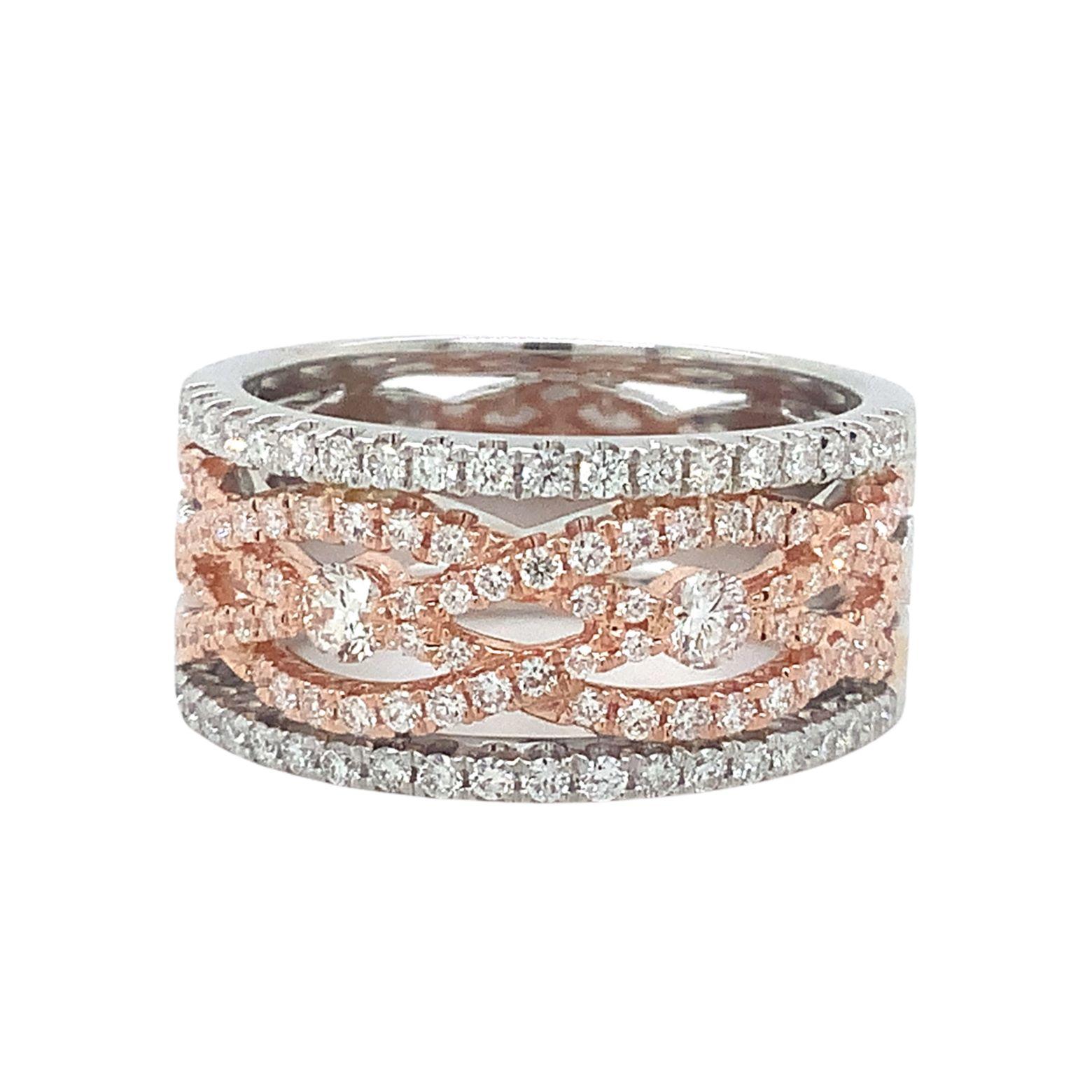 Roman + Jules Pavé White Braided Infinity Diamond Band Set in 14 Karat Rose Gold and White Gold. This Wide Band Design showcases the intricacy of the negative space that this braided infinity design highlights.
108 Round Brilliant Cut Diamonds equal