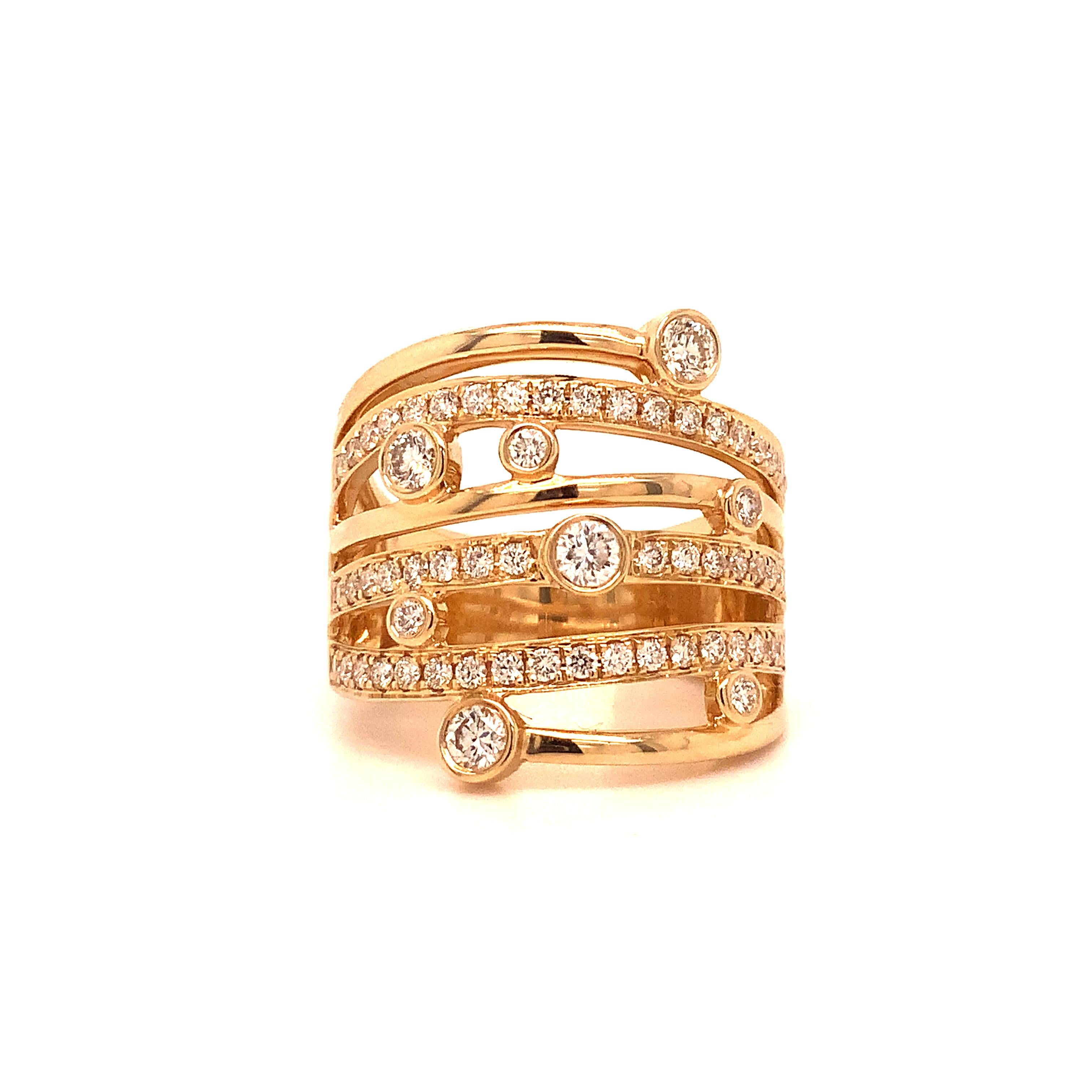 Roman + Jules Right Hand Diamond Ring Set in 14 Karat Yellow Gold.
This 6 row multi-band with a negative space design has a low profile making it easy to wear everyday.
4 Round Brilliant Cut Diamonds = 0.28 cts t.w. Bezel Set. 
58 Round Brilliant