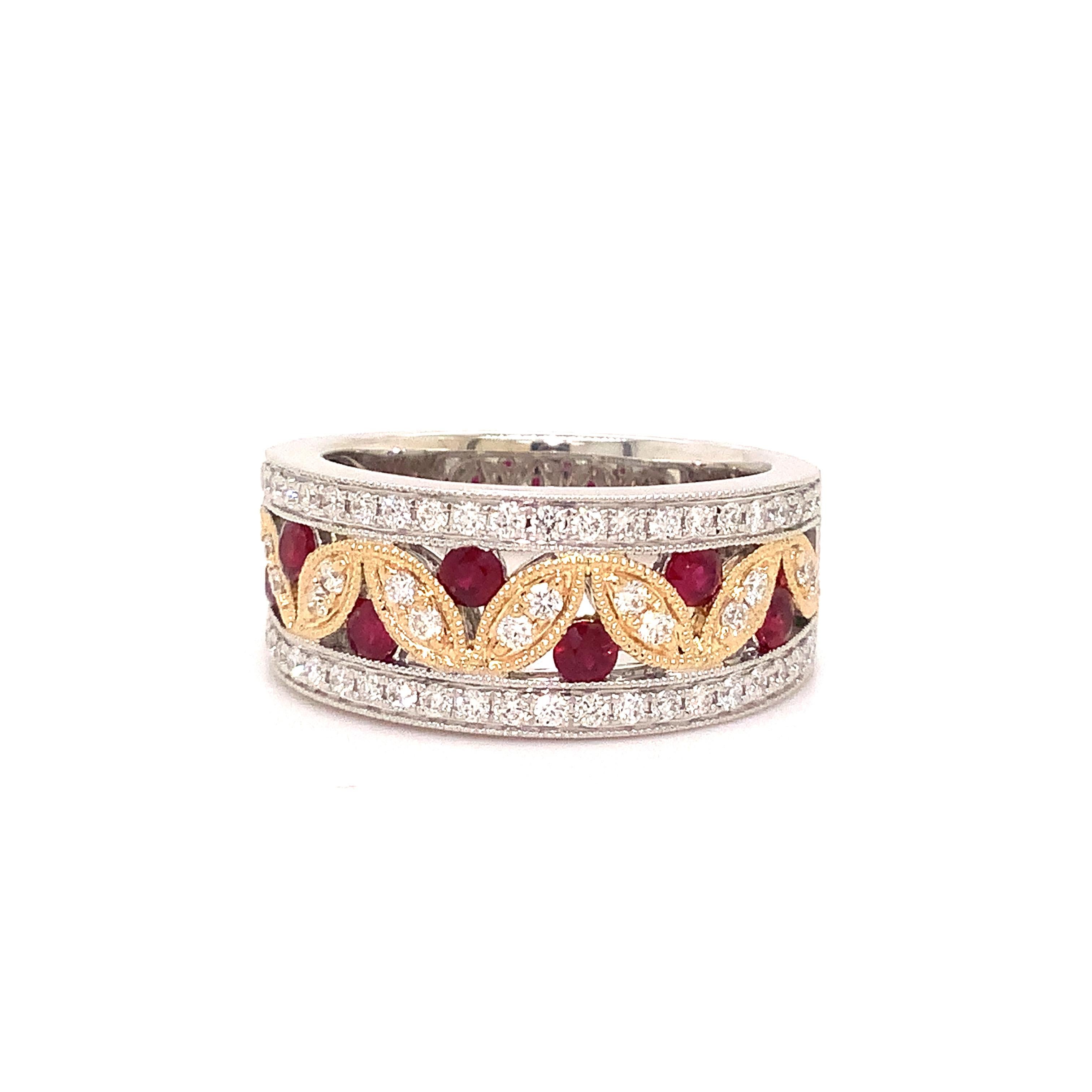Roman + Jules Ruby and Diamond Band set in 14K White and Yellow Gold
This antique-inspired wide Ruby and Diamond band design has milgrain detailing on the yellow and white gold, highlighting these Vibrant Red Rubies. This Ring is the perfect way to