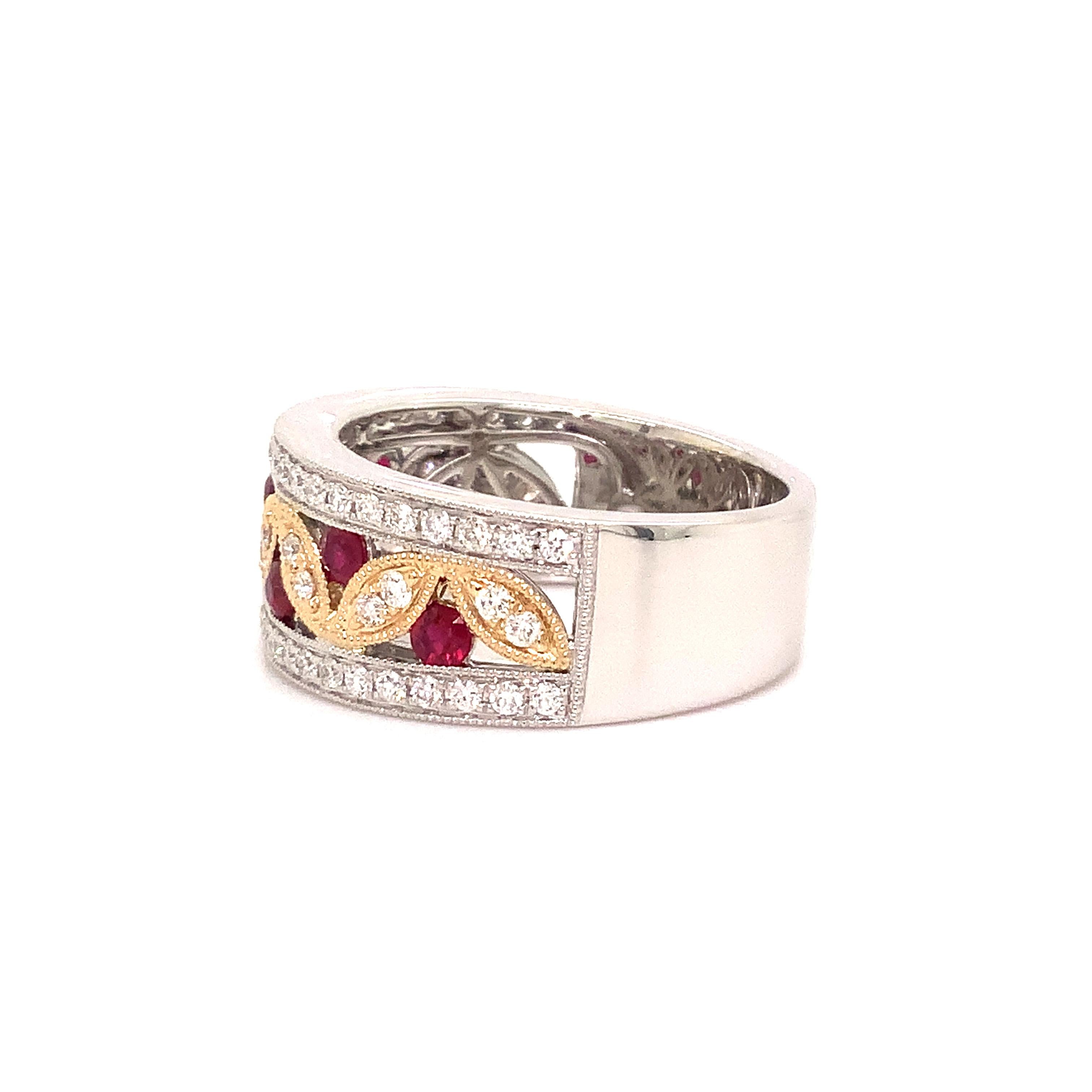 Etruscan Revival Roman + Jules Ruby and Diamond Band Set in 14k White and Yellow Gold For Sale