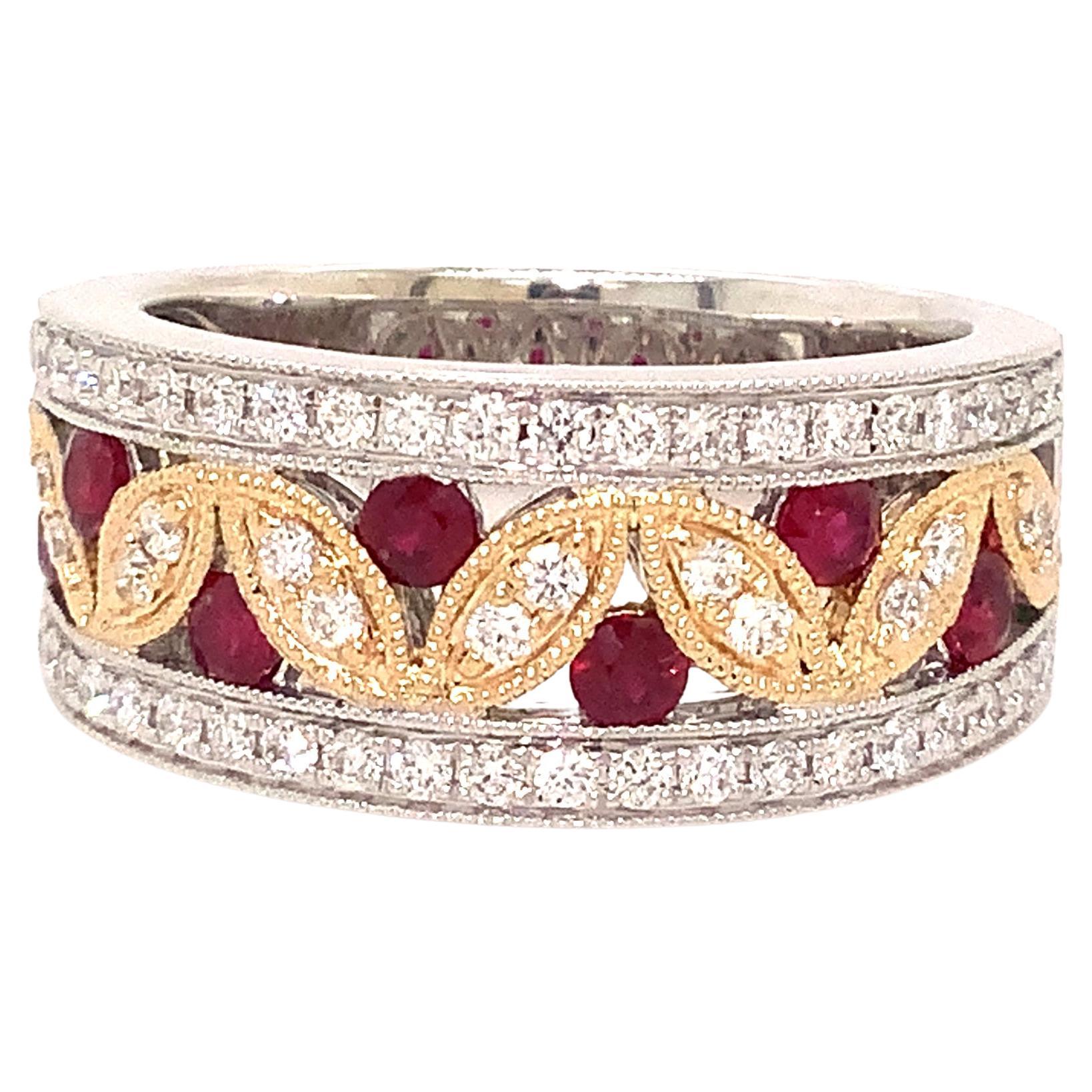 Roman + Jules Ruby and Diamond Band Set in 14k White and Yellow Gold For Sale