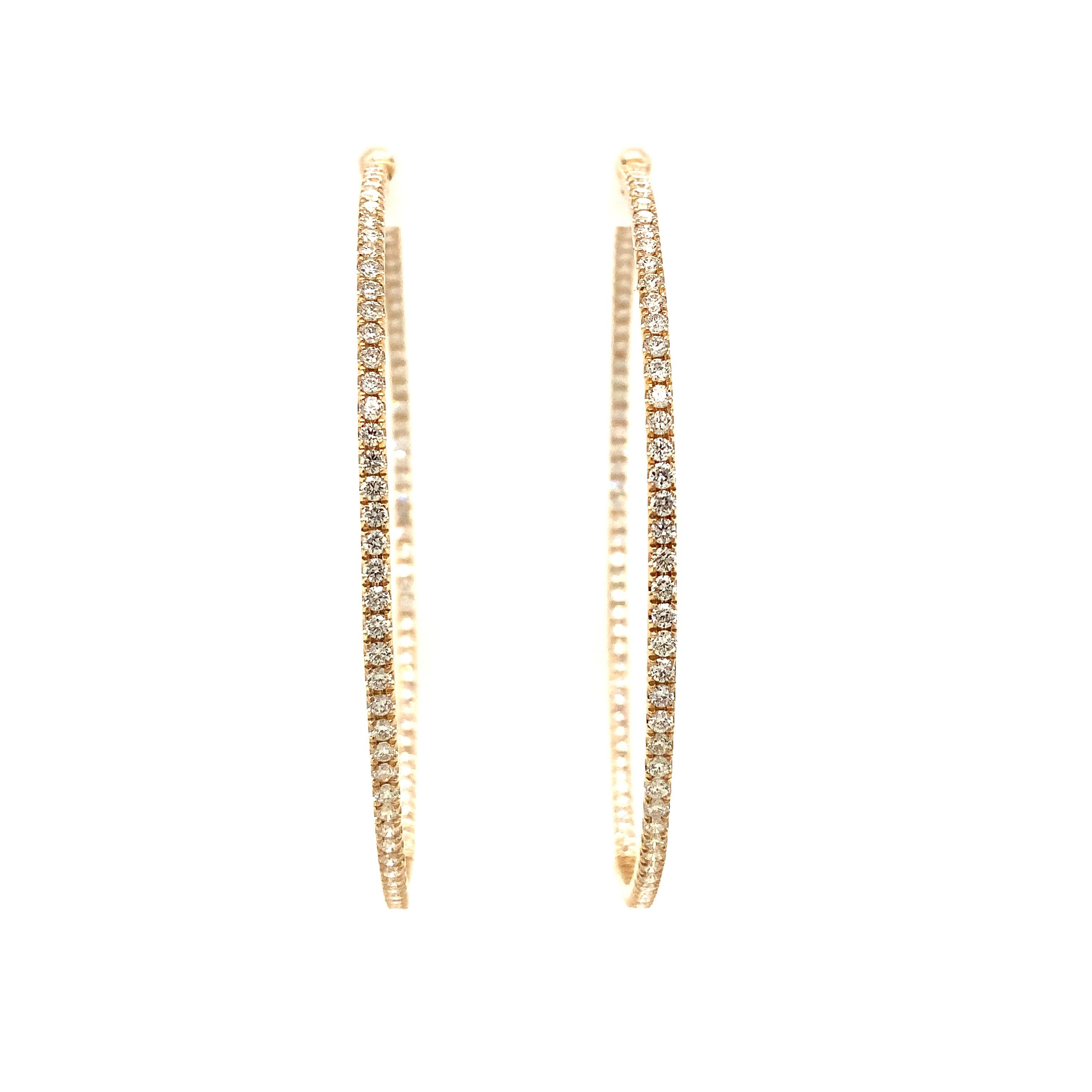 Roman + Jules Two Inch Diameter Round Shared Prong Diamond Hoop Set in 14K Yellow Gold Post with Locking clutch Back for Security.  These Chicque Hoops will make you Look and Feel Great! Everyone should have a pair of these!
184 Round Diamond =2.00