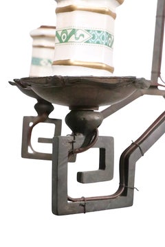 Roman Key Pagoda Six Light Brass and Porcelain Chandelier