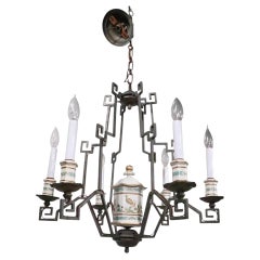 Roman Key Pagoda Six Light Brass and Porcelain Chandelier
