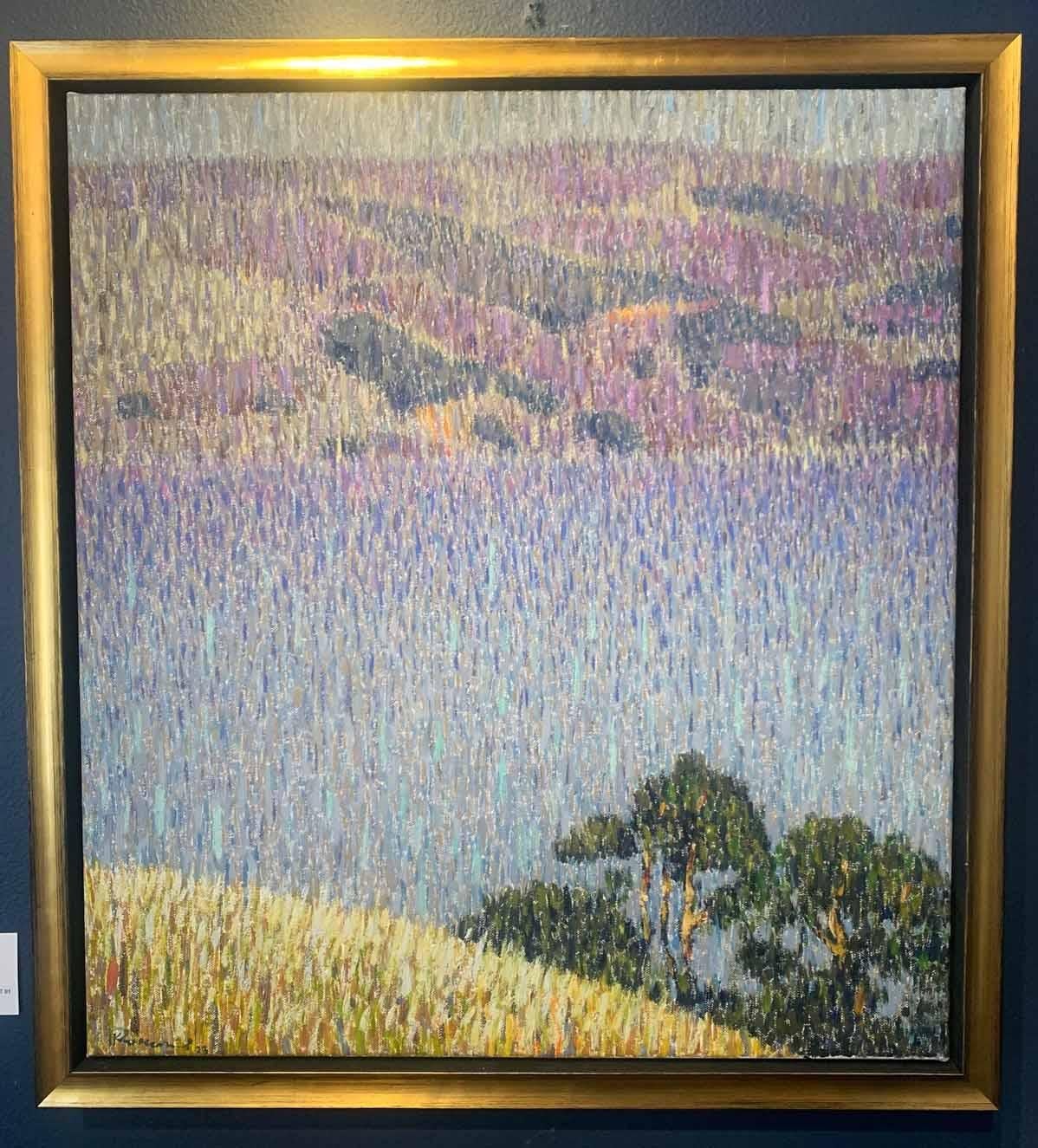 A small, serene impressionist work of a sunny day on Scotland's Loch Lomond.  Painted in a pointillist 